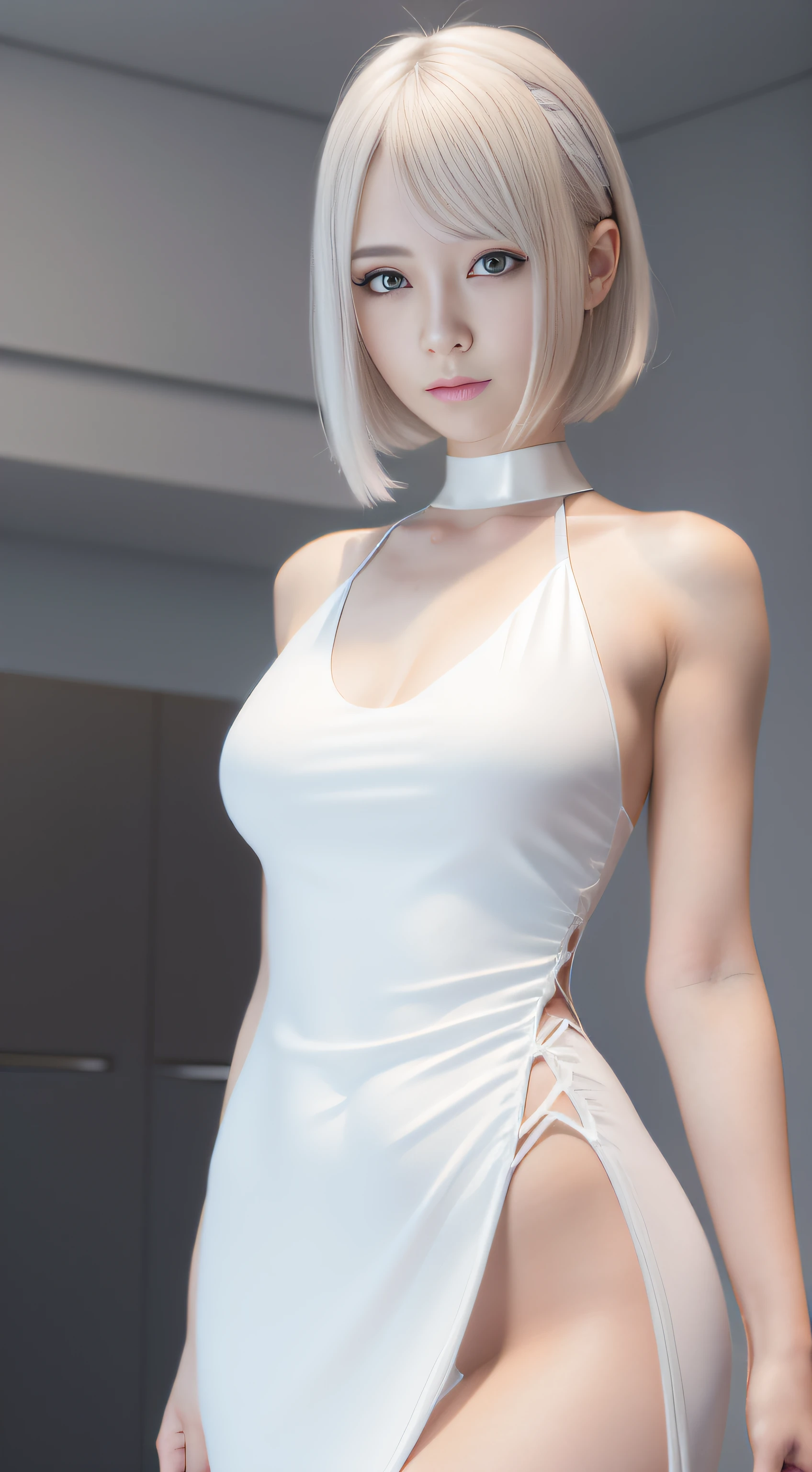 One in a pink dress,White color hair,Woman with straight hair and short hair, 3 D rendering character art 8 K, cyborg - girl with silver hair, beautiful female android!, beautiful female android, perfect android girl, beautiful android woman, smooth digital concept art, smooth 3d cg render,, sci - fi character, Beautiful robot character design,ssmile,largeeyes,The upper part of the body,cute delicate face, Extremely beautiful face, beautiful delicate face, Stunning anime face portrait, beautiful aesthetic face, Detailed beautiful face, girl cute-fine face, Realistic beautiful face, Beautiful realistic face, beautiful and realistic faces, girl with white eyes,Right shoulders,Blue has God's eyes,Ultra-delicate smooth skin,Asian face shape,Girl futuristic white and pink shiny metallic silver white long dress,sense of science and technology