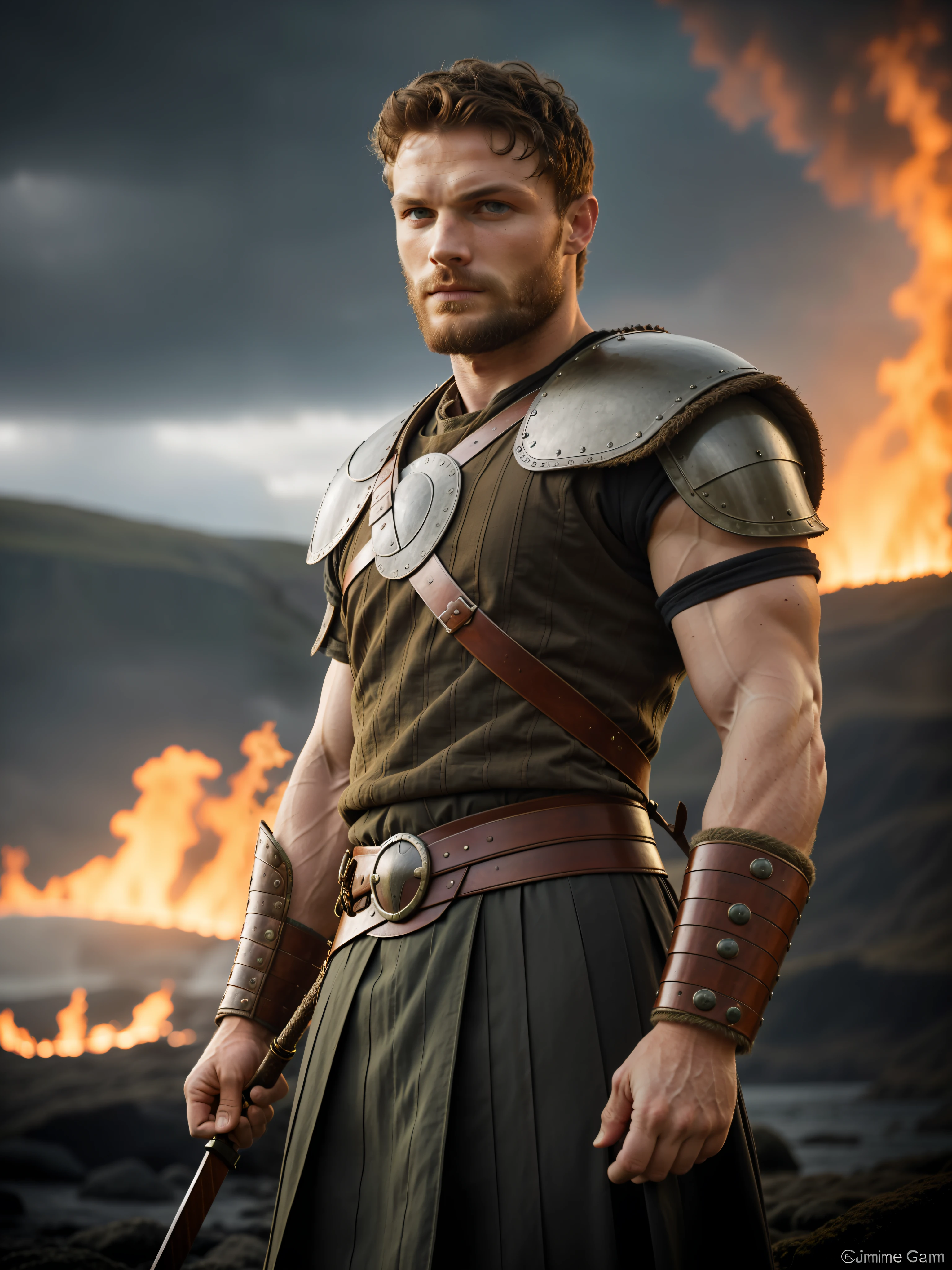 Portrait of a Viking warrior, Jamie Dornan, very handsome and strong, strong and muscular, brave warrior, similar to actor Jamie Dornan, standing in front of a burning village, cliffs, close up, attack pose and attitude.