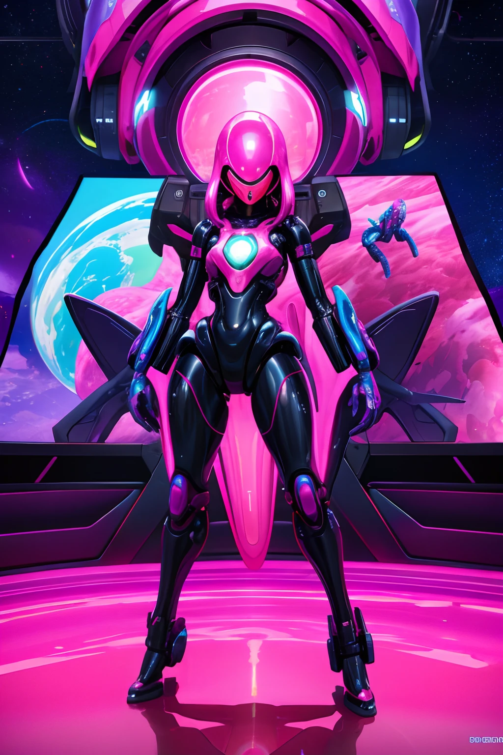 "Futuristic world of pleasure in an alien colorful realm with vibrant pink elements and a curious alien-like female exploring a huge screen ."