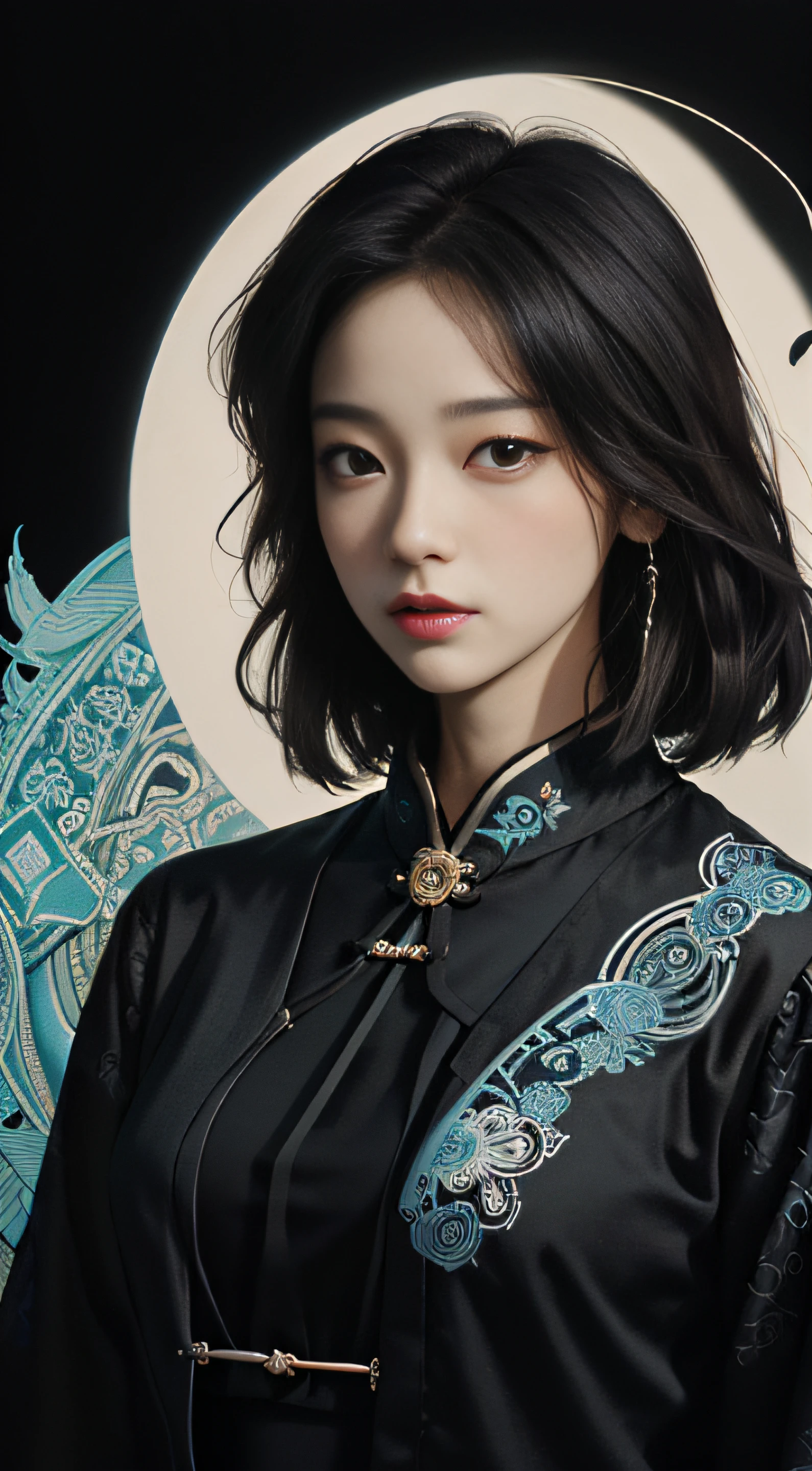 offcial art, Unity 8k wallpaper, Ultra detailed, Beautiful and aesthetic,Beautiful, Masterpiece, Best quality, (zentangle, mandalas, Tangled, entangle), Dynamic Angle, cow boy shot, The most beautiful form of chaos, elegant, Fauvistdesign, vivd colour, romanticism lain, author：James Jean, roby dwi antono, ross tran, Francis Bacon, Michal Mraz, adrian ghenie, petra cortright, Gerhard Richter, Takato Yamamoto, Ashley Wood, Atmospheric, enjoy a stream of music,on cheongsam,Chinese style,Taoist,Triangular black hole