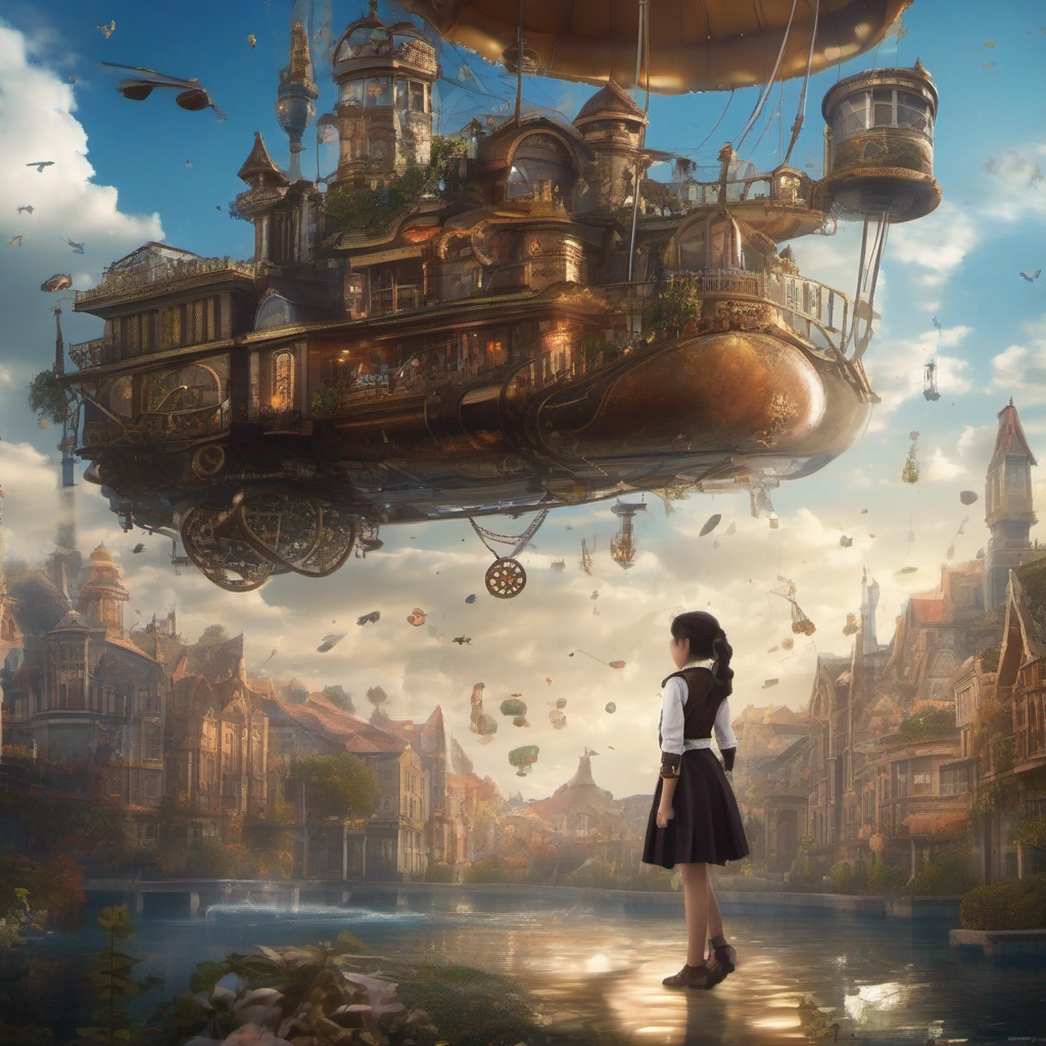 ccurate, best quality, masterpiece, UHD, high details, award winning, (Amazing:2.0), (Surrealism), Conceptual art, Verism, cinematic lighting, floating island in the sky, (((beautiful steampunk like town))), blue sky, paradise scenery, wind flow, (((fantasy))), frontier, (magnificent space), blurry foreground, bokeh, Hasselblad, lens flare, beautiful school girl, (r old), ((((full body)))), from behind, she moving, without looking at me, (((wearing school uniform))), black eyes, black hair, (floating hair), ((8 life size)), detailed hairstyles, detailed bodyline, anatomically correct, cute face, ((accurately portray her)),
