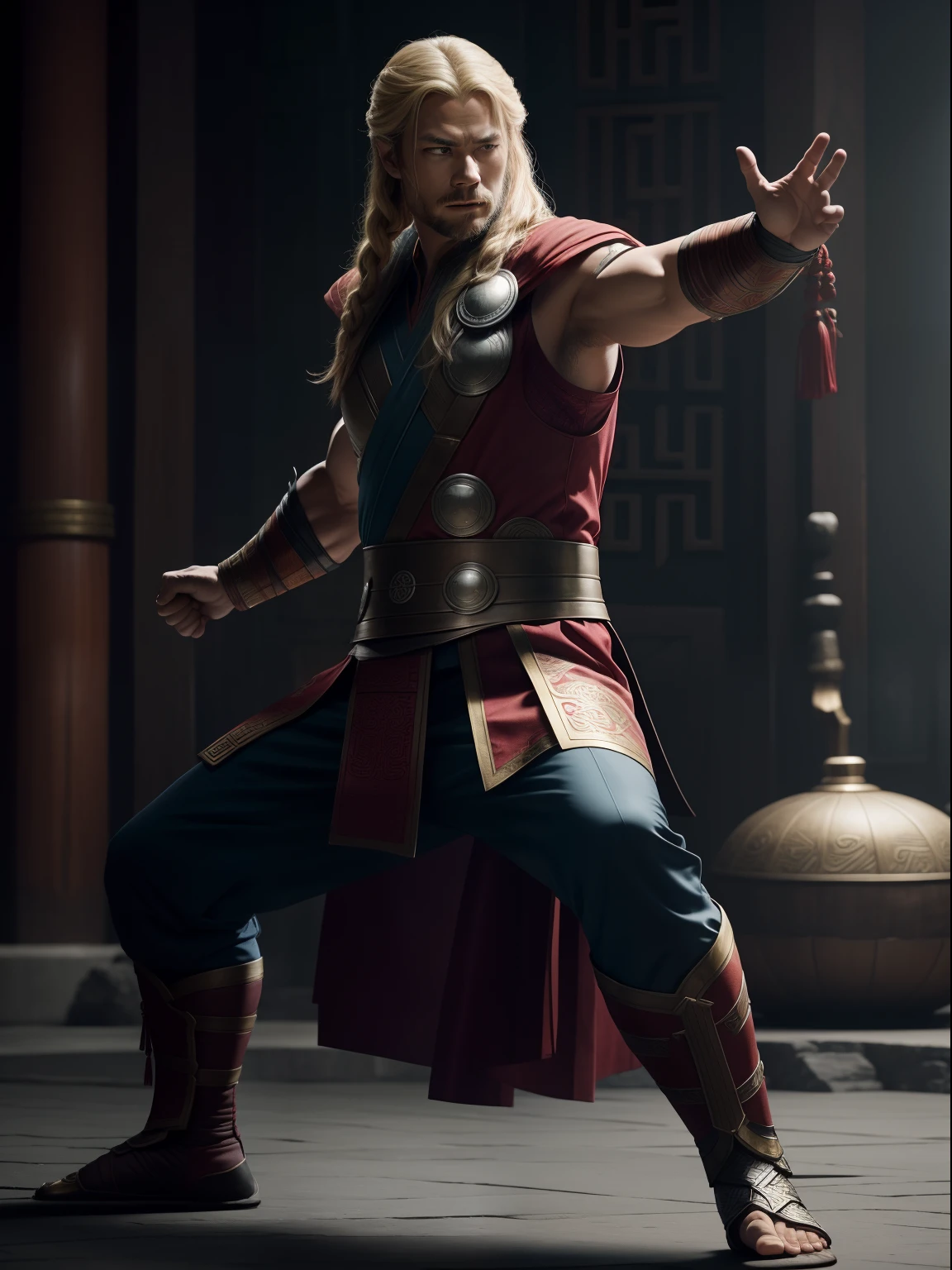 A thor as a Chinese kungfu master wearing a typical Chinese kungfu master's clothes, cinematic, extreem realistic, extreem detailed, extreem Sharp, full body shot