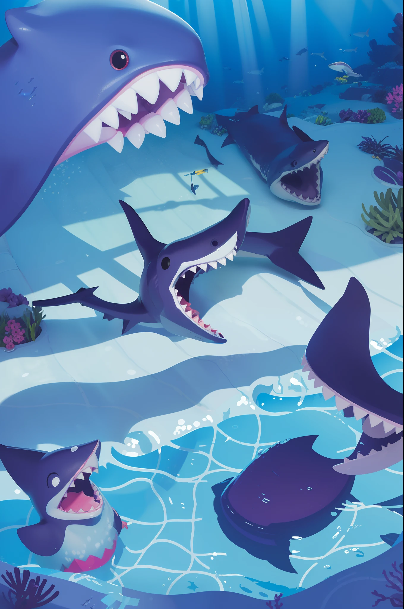 The illustration depicts a scene reminiscent of a comic book. In the foreground, a cartoon-style shark with a mischievous grin is portrayed. Its large, round eyes are fixed on the viewer, and its mouth is curved into a playful smile, revealing rows of sharp, pearly white teeth. The shark's body is stylized, with sleek curves and bold lines that emphasize its dynamic and whimsical nature.
The shark is the focal point of the illustration, but it's not alone in the scene. In the background, there's a vibrant underwater setting. Crystal-clear water surrounds the shark, creating a translucent effect that gives depth to the illustration. Sunlight filters down from above, casting shimmering rays onto the aquatic environment. Colorful coral reefs with intricate details are visible in the distance, adding to the lively atmosphere.
The shark itself is rendered in a way that amplifies the comic book style. It has exaggerated features, such as the comically large eyes and the exaggerated curve of its smile. The lines and colors are bold and vibrant, reminiscent of traditional comic book art.
At the bottom of the illustration, there's a banner-like text box with a playful, handwritten font. The text box contains a witty phrase, like "Just Chillin'!" or "Smile, it's Shark Time!" This text complements the scene and adds an extra layer of humor to the overall composition.
The combination of the cartoonish shark, the underwater backdrop, and the comic book-style elements creates a visually engaging and lighthearted illustration that captures the essence of the "smiling shark" concept.