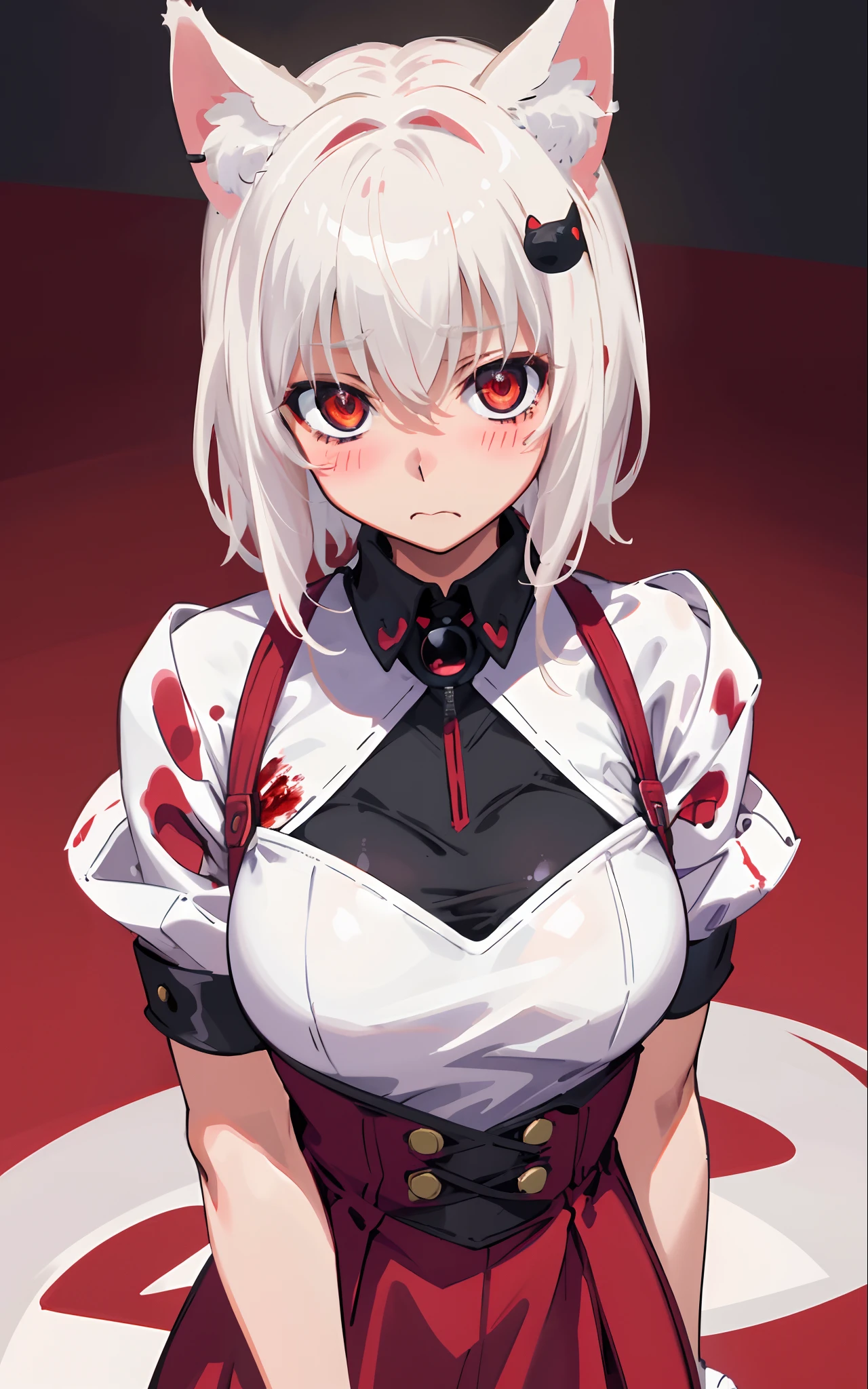Best quality, (masterpiece:1.2), highly detailed, standing, beach, cat ears, 1girl, solo, tojo koneko, looking at the viewer, closed mouth, (upper body:1.2), medium breasts, red eyes, white hair, short hair, hair decoration, ((elegant red dress)), erotica, blushed, (simple background), ((blood)), 20 years old
