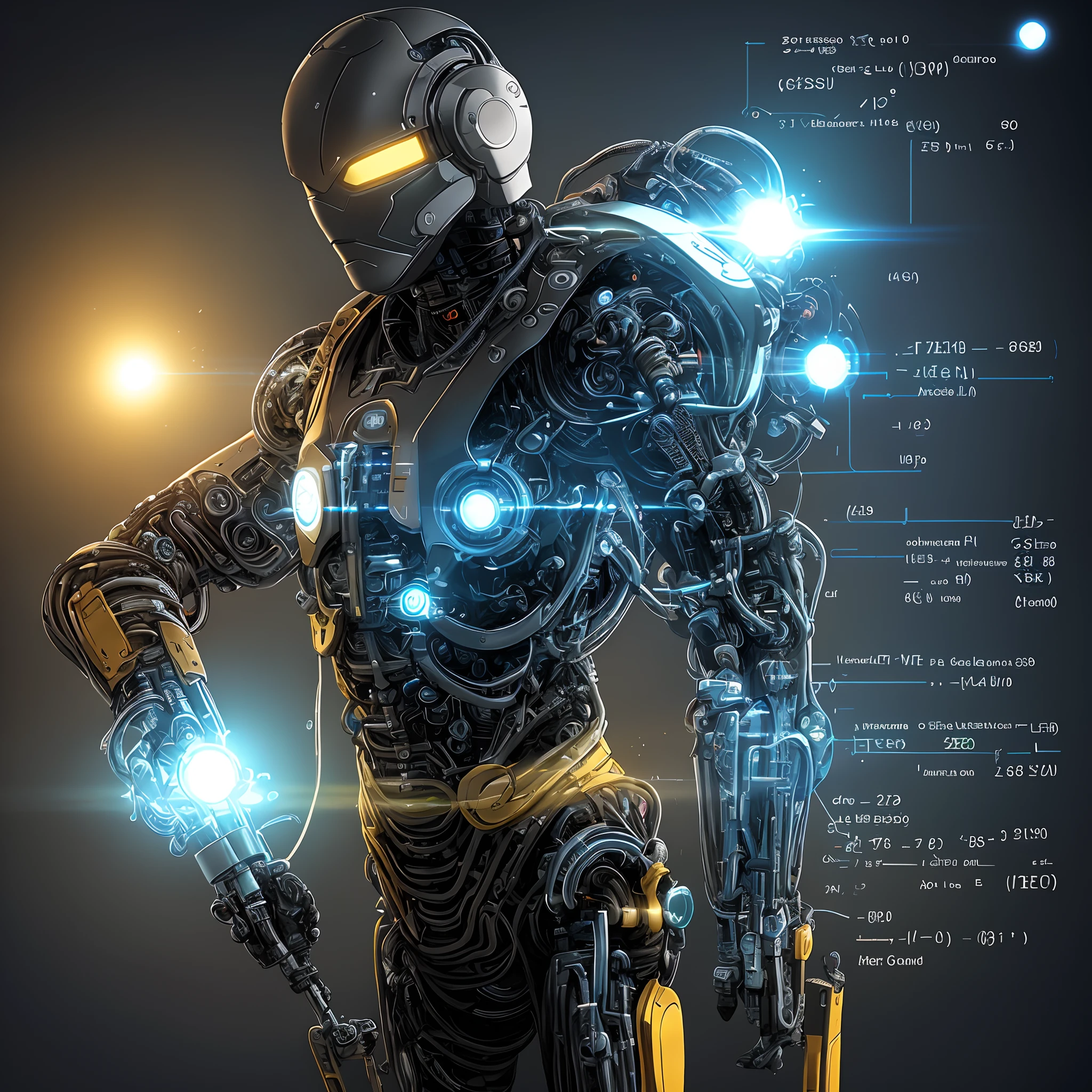 NFT 1: The Quantum Analyst
Prompt: "Create an NFT-shaped artwork for 'The Quantum Analyst' collection. The NFT should portray a studied superhero in shades of yellow and black. The hero must possess an insightful eye and be immersed in mathematical equations and complex world patterns. Your costume should have technological and metallic details. The focus of this NFT is to show the hero exploring the quantum through his cybernetic implants."