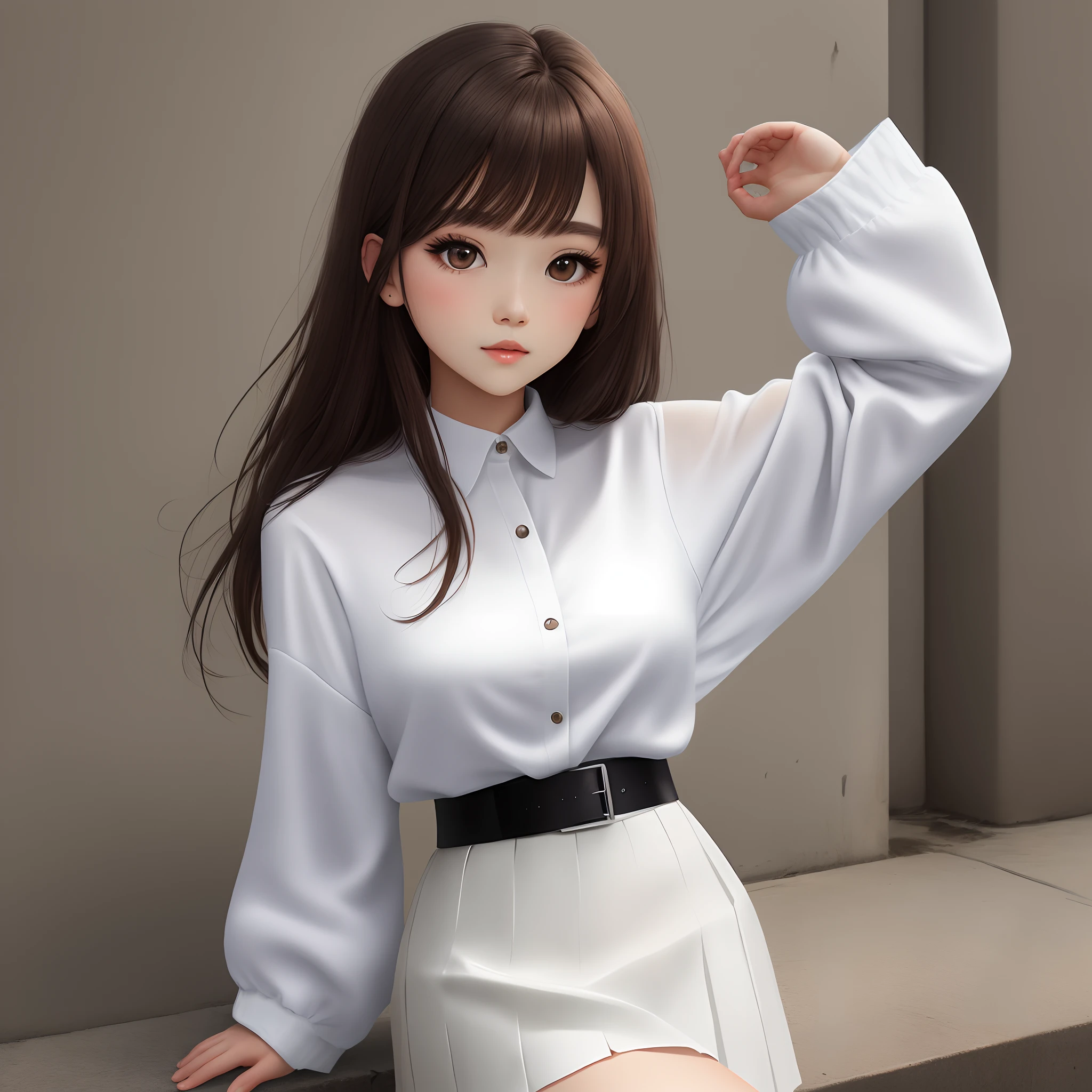 White clothes, white skirts, brown hair, brown eyes, female black silk