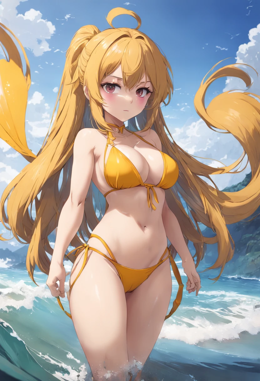 ((anime style:1.25)),(best quality:1.21,masterpiece:1.21,ultra-detailed:1.21, incredibly absurdres:1.21, ) illustration,highly detailed,extremely detailed CG,
Perfect female body:1.4,neat figure:1.4,((large :1.4)),
fuse, fuse tail, (((yellow bikini:1.4))), outdoors, beach, ocean, wind lift,
((headless:1.8)),