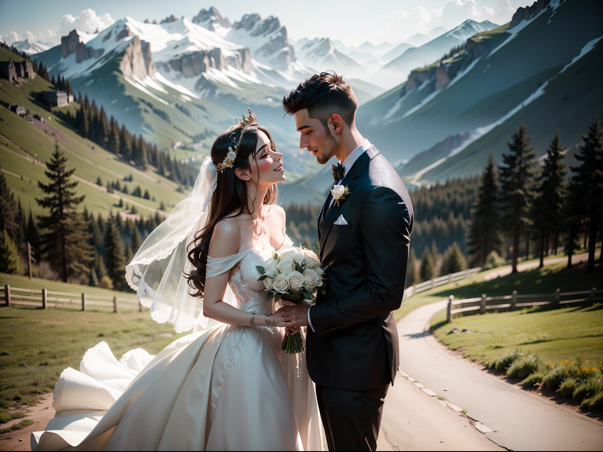 (best quality), wedding photography in the countryside at the golden hour, view of the coffee plantation in the background, engaged couple, the bride with white dress, bouquet of flowers, veil blowing, the groom with formal clothes, warm colors, romantic mood.