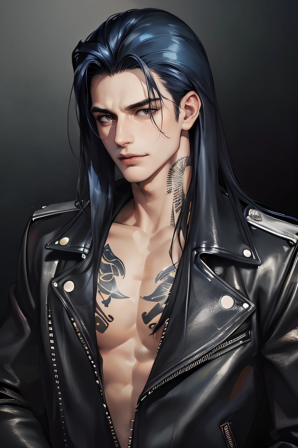 photography of a heavy metal star, a solo man, 25 years old, singer, bad boy, (black eyes), expressive look, long dark blue black hair, (((bar background))), straight hair, blueshine hair, unshaven, black leather jacket, long sleve jacket, leather pants, chest tattoo, super detailed face, perfect body, perfect shapes, perfecto hands, realistic image, award winning photography, 8k,