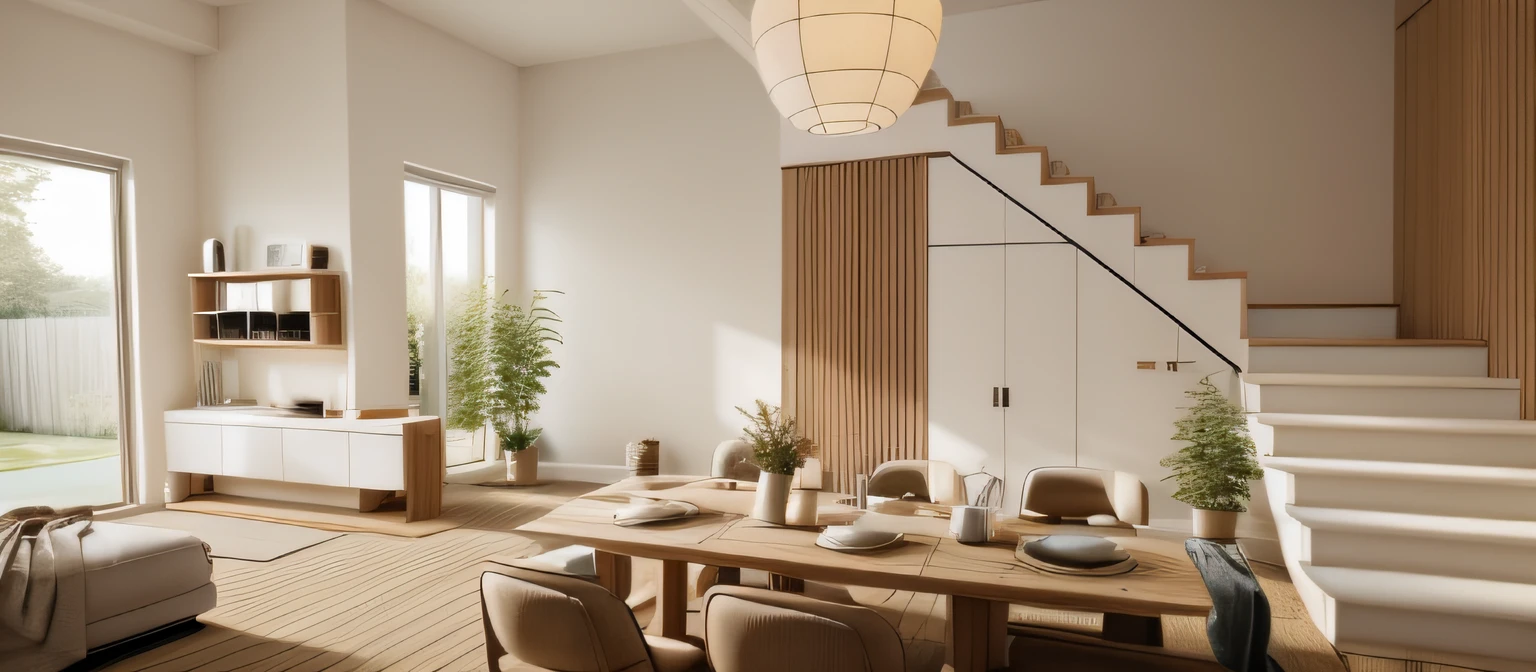 (JAPAN Livingroom:1.2), (actual photo:1.2), daylight, Unreal Engineer 8K, full HD 8K, cinema light, warm light, dining table and chairs, minimalistic and beautiful, deep colors with minimalism, cream color and white color scheme, clean, simple lines, modern neo-traditional minimalism, brown and white color scheme, modern and minimalism, modern neutral earth colors, Elegant and sophisticated, Scandinavian design, deep colors. Minimalist color palette, mostly white, wooden floors