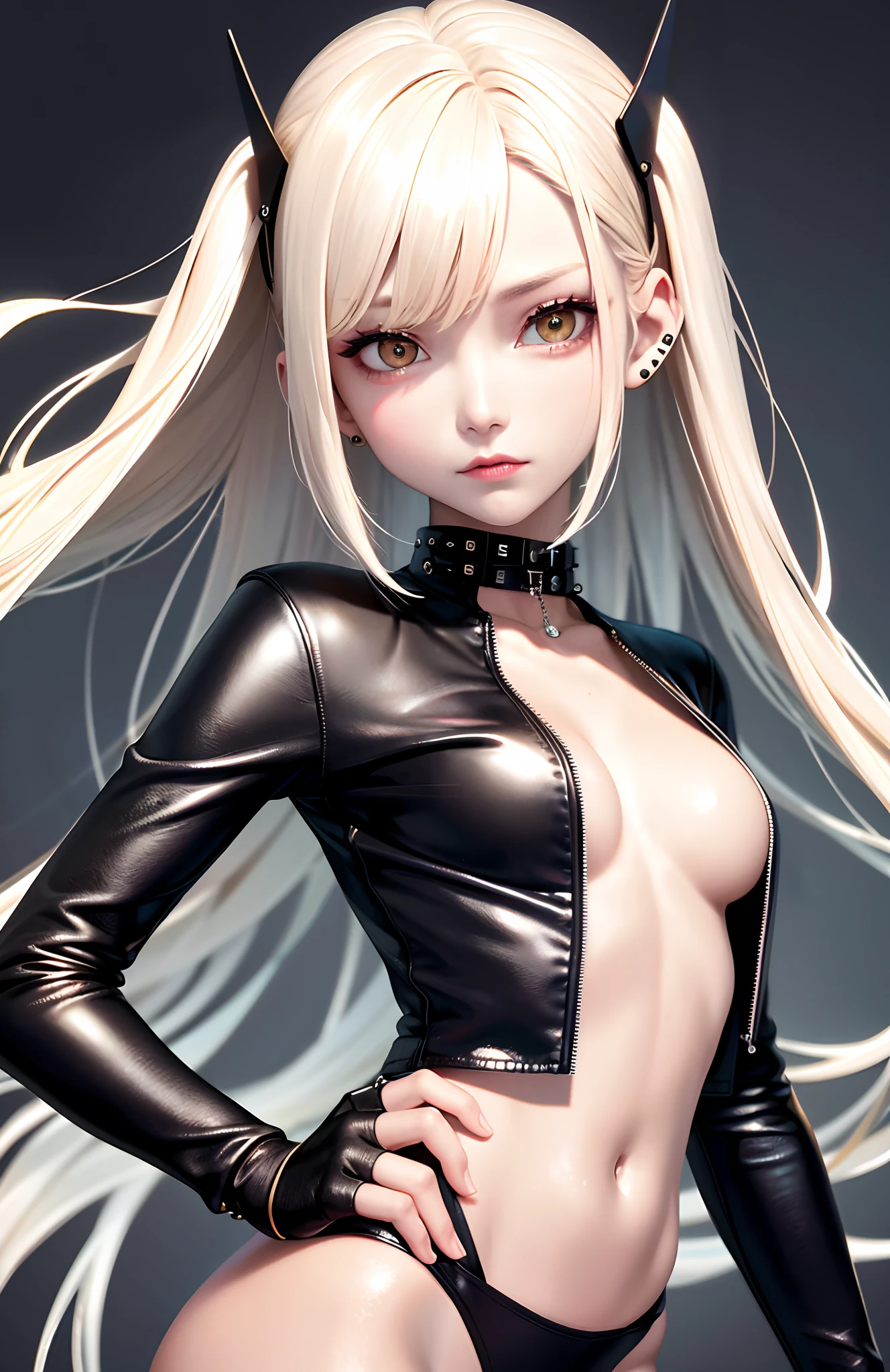 optimum,tmasterpiece,A high resolution,best qualtiy,hyper HD,super detailing,Award-Awarded,16k,独奏,((The upper part of the body)),((Bust)),anatomy correct,Beautiful cyberpunk girl,cute face,,Gradient Beige Hair,Hairline,((Dark golden eyes)),long eyelasher,Hanging eye corners,White skin of the,(small boobs),(Slim body),((Women's extra short shawl leather jacket)),((goth style,bikesuit)),(()),ear studs,(Neck strap),(Laser material clothing:1.2)