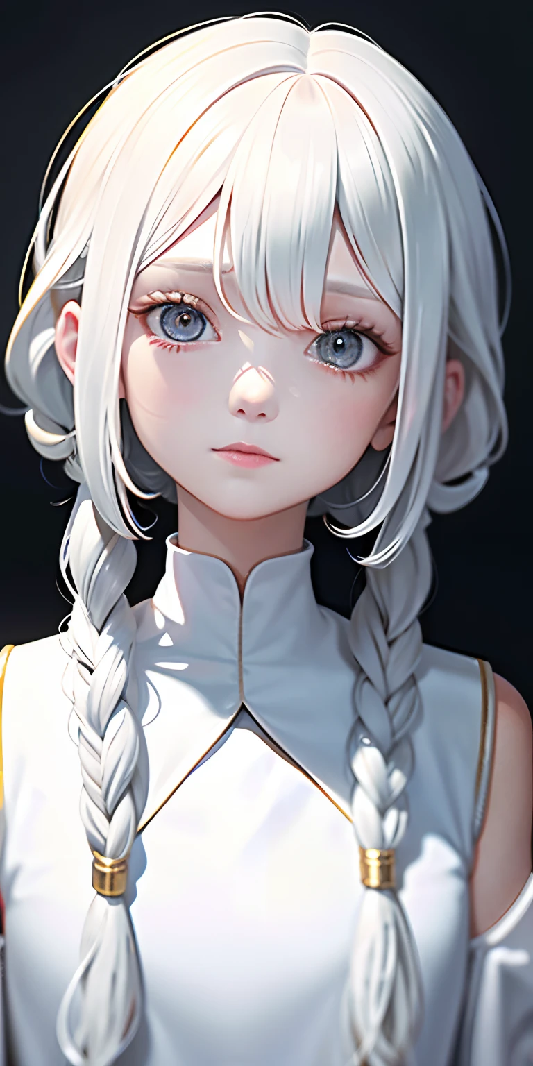 best quality, masterpiece,white hair, gold eyes,white clothes, looking up, upper body,hair strand,Fair skin,side braids