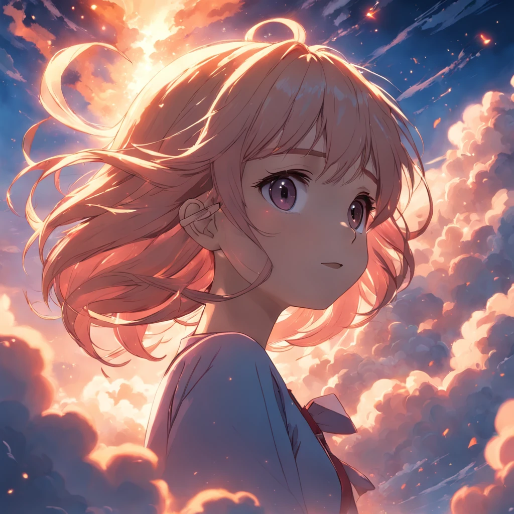 masterpiece, best quality, movie still, 1girl, cloud girl, floating in the sky, close-up, bright, happy, warm soft lighting, sunset, (sparks:0.7)