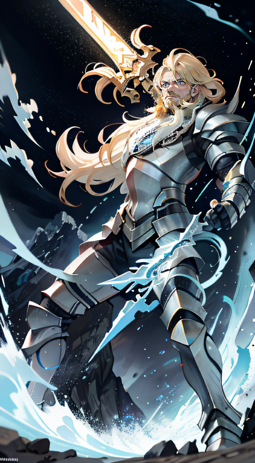 A middle-aged man，Nordic faces，blond hairbl，eBlue eyes，Hold the tomahawk in both hands，Electro-optical，battle armor，a thunder storm，big beard，mountain cliff，Rough，Wind，dark cloude，Wind，firestorm，The eye