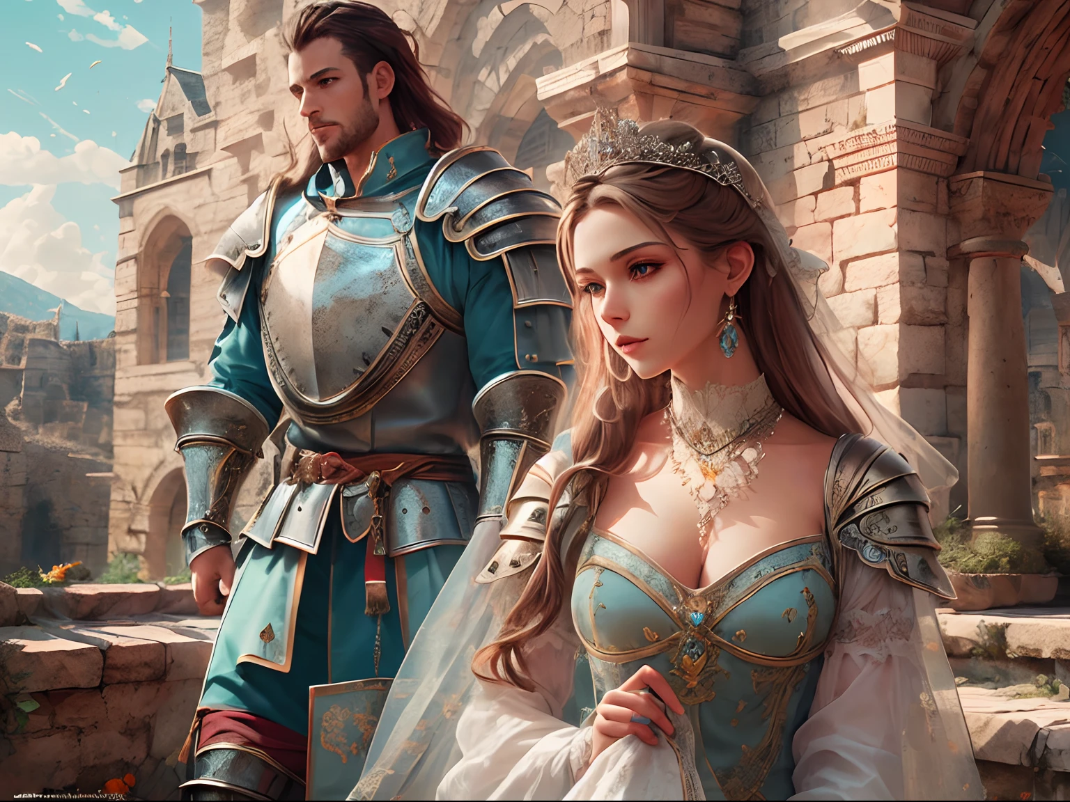 arafed, high details, best quality, 16k, [ultra detailed], masterpiece, best quality, (extremely detailed), dynamic angle, ultra wide shot, RAW, photorealistic, a wide angle picture of a wedding between a knight and her prince in medieval castle, a female human knight, pic beautiful human woman (best details, Masterpiece, best quality), ultra detailed face (best details, Masterpiece, best quality), blond hair, long hair, wavy hair, green eyes, wearing heavy armor, white armor, intricate details armor (best details, Masterpiece, best quality), white metallic armor, armor shines BREAK, and a human male prince, beautiful human man (best details, Masterpiece, best quality), ultra detailed face (best details, Masterpiece, best quality), black hair, short hair, blue eyes, wearing, medieval style clothes (best details, Masterpiece, best quality), noble clothes, fantasy castle background, Ultra-Wide Angle, high detail, award winning, best quality, HD, 16K, 2.5 rendering, high details, best quality, highres, ultra wide angle, 2.5 rendering, [[anatomically correct]]