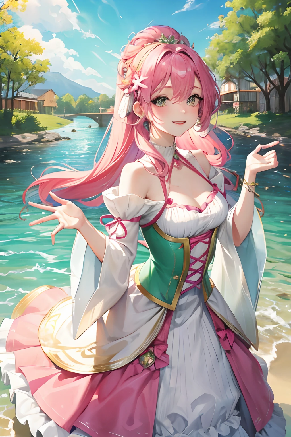 pink green hair，Beauty in period costume，Beautiful hair accessories，Summer costumes，beside a river，full bodyesbian，Flowing costumes，Half yarn，Happy smile