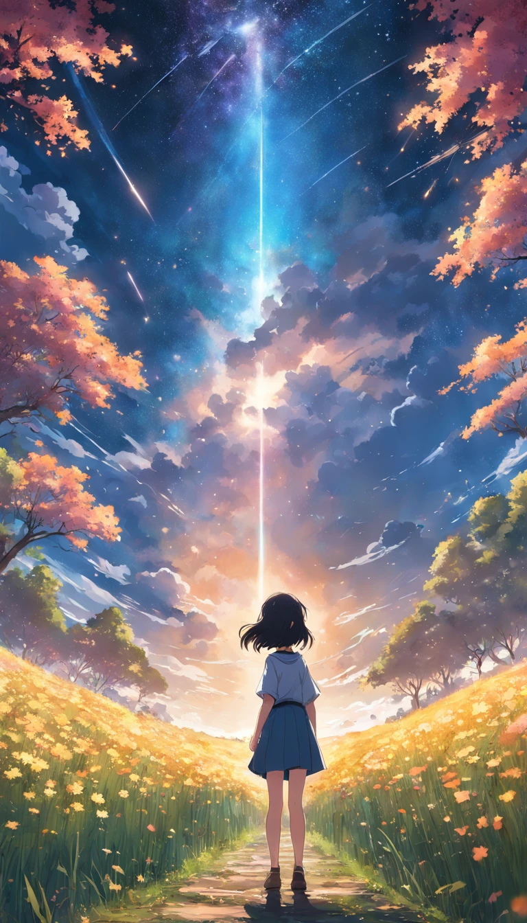 Makoto Shinkai, Expansive landscape photograph , (stars daytime sky), a girl standing on flower field looking up,  ( meteors:0.9), (Starcloud:1.3), Far Mountain, Tree forest BREAK Production Art, (stars daytime sky:1.2), (Firefly:1.2), stars daytiime sky