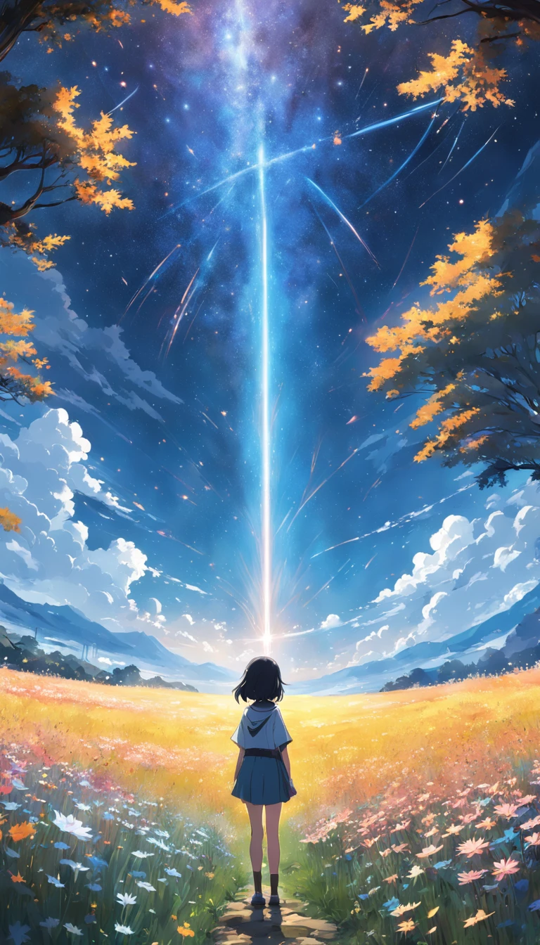 Makoto Shinkai, Expansive landscape photograph , (stars daytime sky), a girl standing on flower field looking up, ( meteors:0.9), (Starcloud:1.3), Far Mountain, Tree forest BREAK Production Art, (stars daytime sky:1.2), (Firefly:1.2), stars daytiime sky