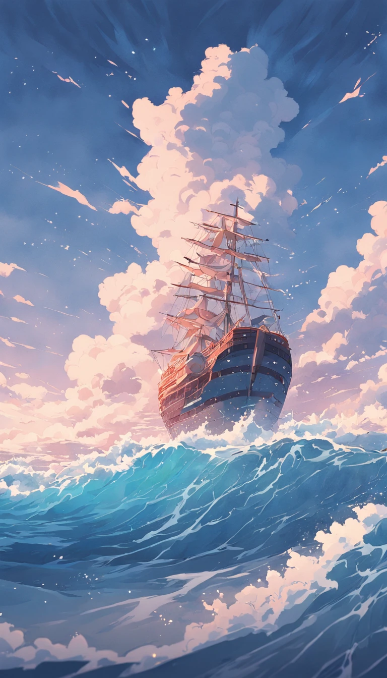 1 Ship, sea, waves, visual impact, blue sky and white clouds, exquisite composition, graphic illustration