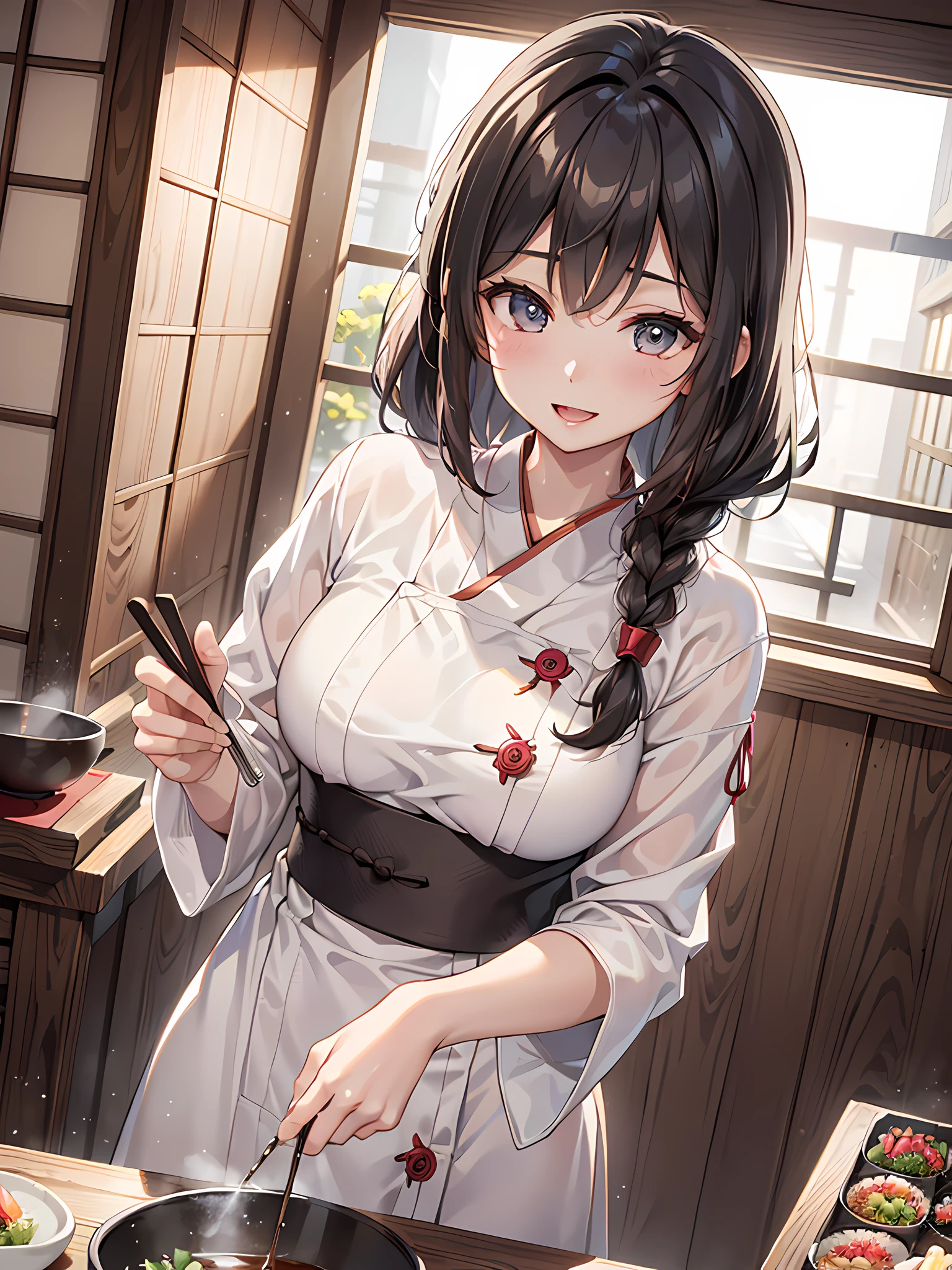 (Best quality, 8k, 32k, Masterpiece, UHD:1.2), (realistic:1.5), (masterpiece, Extremely detailed CG unity 8k wallpaper, best quality, highres:1.2), (ultra detailed, UHD:1.2), (cowboy shot:1.3), (anime style illustration:1.3), (seductive anime waifu:1.3), (ultra-detailed:1.3), (hyper-sharp:1.3), (insanely detailed:1.3),
BREAK,
(1girl:1.3, solo), (Japanese restaurant-Chef:1.3), single braid hair style, mahogany hair, attractive look, (Korean actress face:1.3), (Japanese idol face:1.3), pretty face, cute,
BREAK,
(white Japanese Chef clothes:1.3), (Chef clothes:1.3), (kimono outfit:1.3),
BREAK
(Japanese restaurant:1.3), (detailed Japanese restaurant:1.3), (cooking the soup in the kitchen:1.3), (cooking the Japanese food dish:1.3), (at Japanese restaurant:1.3), (in the kitchen counter:1.3), indoor, cinematic light, sunset light, cute, happy, seductive smile, :d, ;p, attractive emotion,
BREAK, best ratio four finger and one thumb, perfect anatomy, perfect proportion,