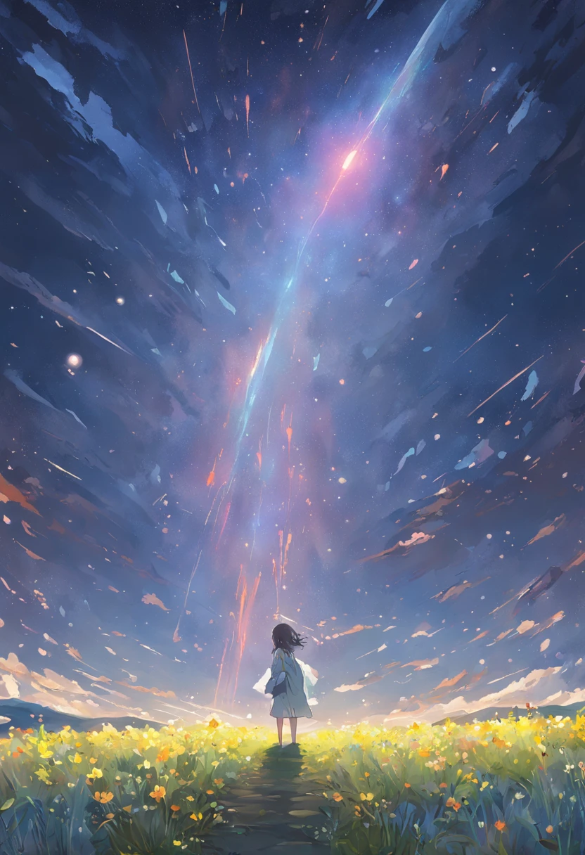 Expansive landscape photograph，（look from down，Above is the sky，Below are open fields），A girl standing on a flower field looking up，（moon full：1.2），（meteors：0.9），（Starcloud：1.3），Far Mountain, Tree BREAK making art，（Warm light source：1.2），（glowworm：1.2），lamp lights，Lots of purple and orange，Complicated details，Volumetric lighting BREAK（tmasterpiece：1.2），（best qualtiy），4k，ultra - detailed，（dynamic compositions：1.4），detail-rich，plethora of colors，（Irridescent color：1.2），（with light glowing，Atmospheric lighting），dream magical，magical，（独奏：1.2