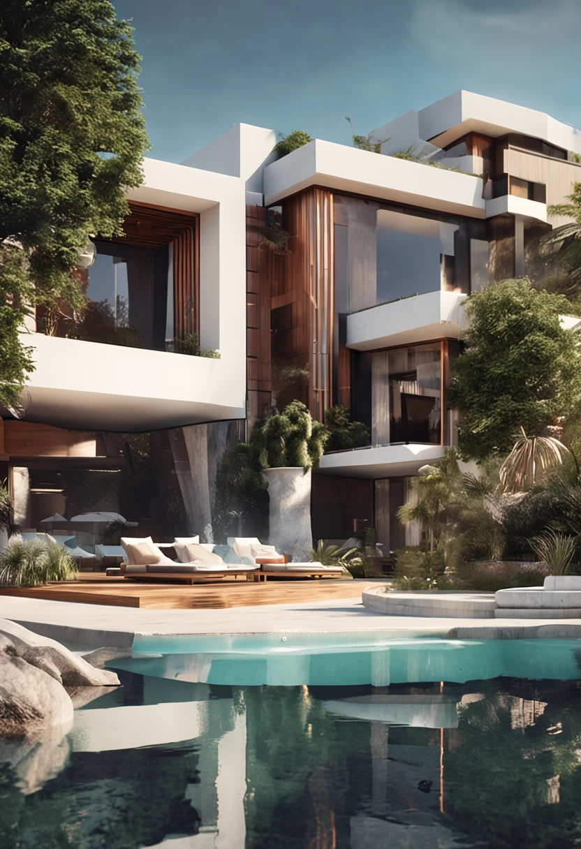 A home with a sense of futuristic technology,3-storey building,Set against the mountains,Facing the lake,Huge swimming pool,modern architectural style, hyperedetailed photo,buliding,iintricate,shadowing, HighDynamicRange,Dynamic lighting, Fotorrealista, Natural soft light, Low H, tmasterpiece, Detailed 8K,There are super many details,Oversized floor-to-ceiling glass,A combination of technology and the natural environment,Has a super cool look,