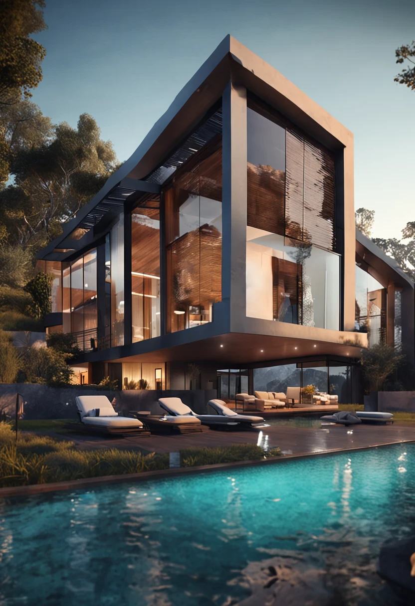A home with a sense of futuristic technology,3-storey building,Set against the mountains,Facing the lake,Huge swimming pool,modern architectural style, hyperedetailed photo,buliding,iintricate,shadowing, HighDynamicRange,Dynamic lighting, Fotorrealista, Natural soft light, Low H, tmasterpiece, Detailed 8K,There are super many details,Oversized floor-to-ceiling glass,A combination of technology and the natural environment,Has a super cool look,