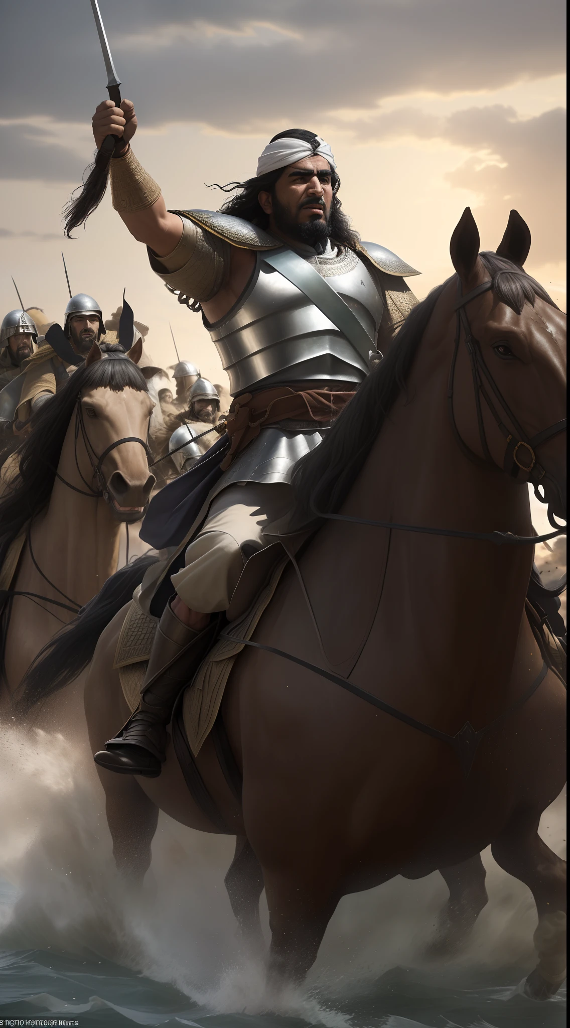 An intense moment frozen in time - Khalid Bin al-Walid leads his fearless troops onto the battlefield, his face a portrait of unwavering determination and courage. The backdrop is a tumultuous sea of chaos, punctuated by the clash of swords and the rallying cries of warriors. His commanding presence emanates strength, rallying his soldiers to follow him into the fray. The scene is captured in the golden hour, with the setting sun casting long shadows that amplify the sense of valor and heroism. Photo taken by Alex Webb with a Nikon D850 and a 24-70mm lens. Award Winning Photography style, Emotive storytelling, Studio lighting, 8K, Ultra-HD, Super-Resolution. --v 5 --q 2