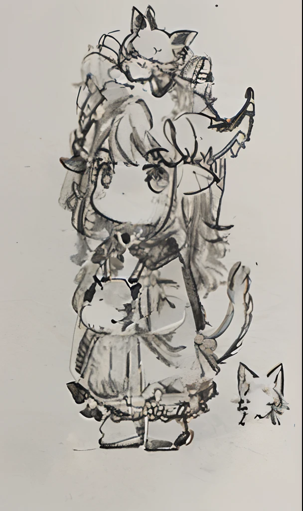 Draw an old sketch of a little girl and a cat, chibi girl, Small Fire Phlegm, small curvaceous loli, holding a pudica pose, original chibi bunny girl, chibi monster girl, Chibi Art, girl design lush horns, Line sketch!!, lalafell, (ink mark), resin, thick black lineart, With horns