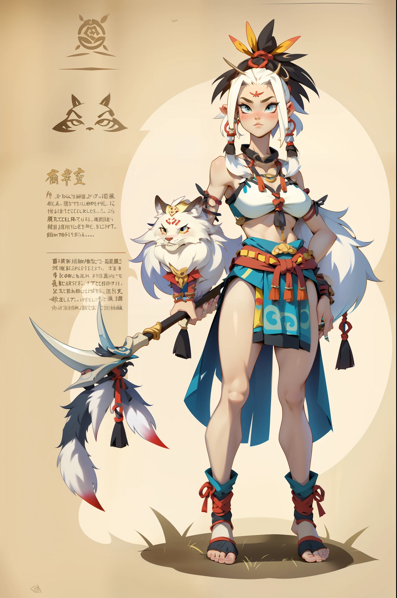 1girll，独奏，full bodyesbian，European and American cartoon design，Primitive tribal elements，standing on your feet，Holding a weapon，feater