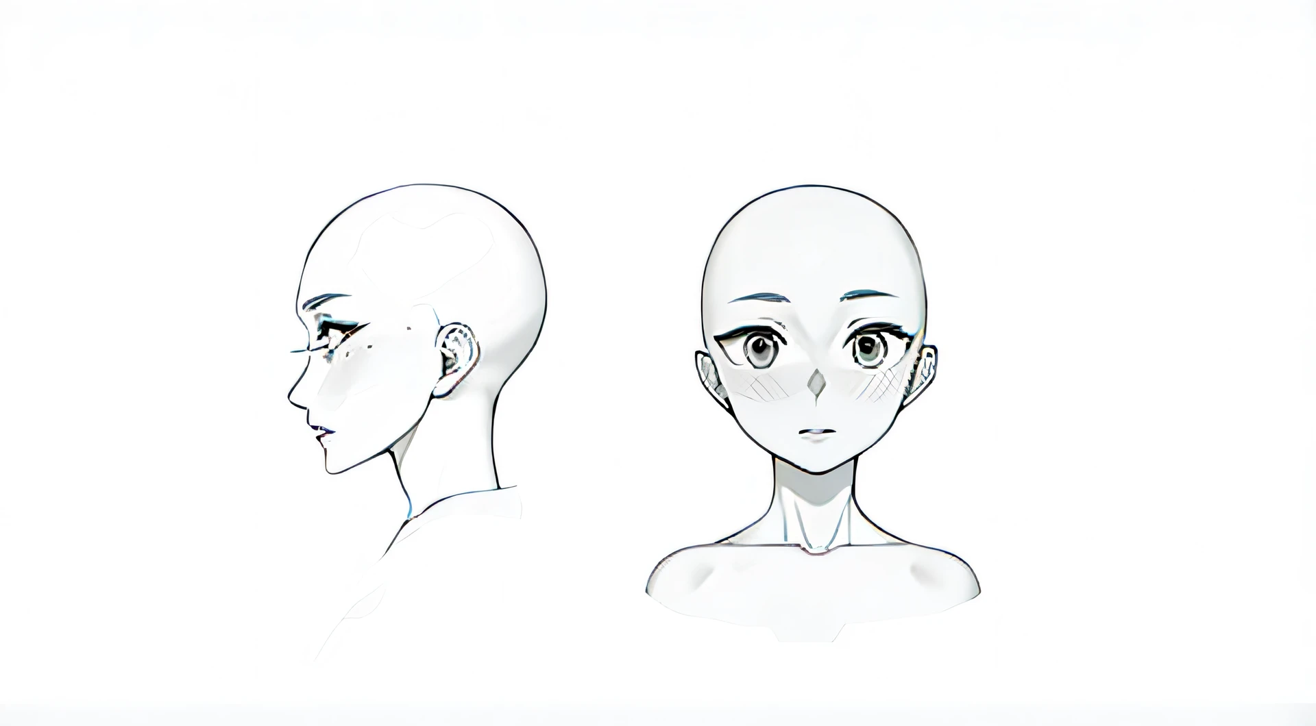 Drawing of one girl's face from two angles, hairless, Hairless, Bald, Detailed anime soft face, Anime with high facial detail, detailed anime face, detailed lips, Beautiful lips, detailed nose, beautiful nose, Pure anime sketches, cute natural anime face, anime face, Realistic anime face, flat anime style shading, cute anime face, How to Draw an Anime, Subtle anime style, Anime shading, extremely cute anime girl face, The perfect face of anime