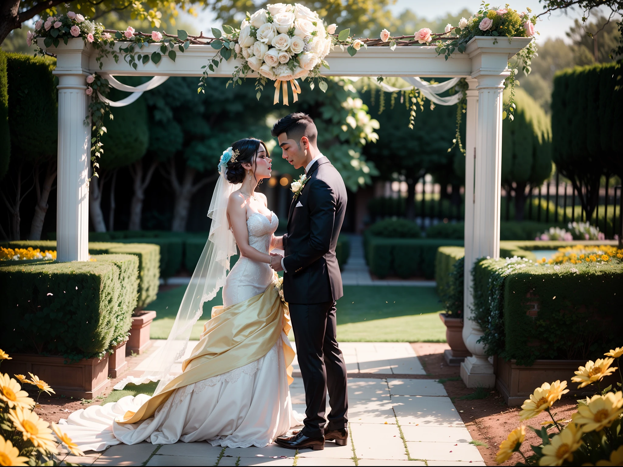 A lavish outdoor wedding ceremony set in a picturesque garden, adorned with vibrant blooming flowers of every color imaginable, bathed in soft golden sunlight, evoking romance and elegance, captured by the lens of the renowned wedding photographer, Jose Villa, with his signature film-inspired pastel hues and organic compositions.