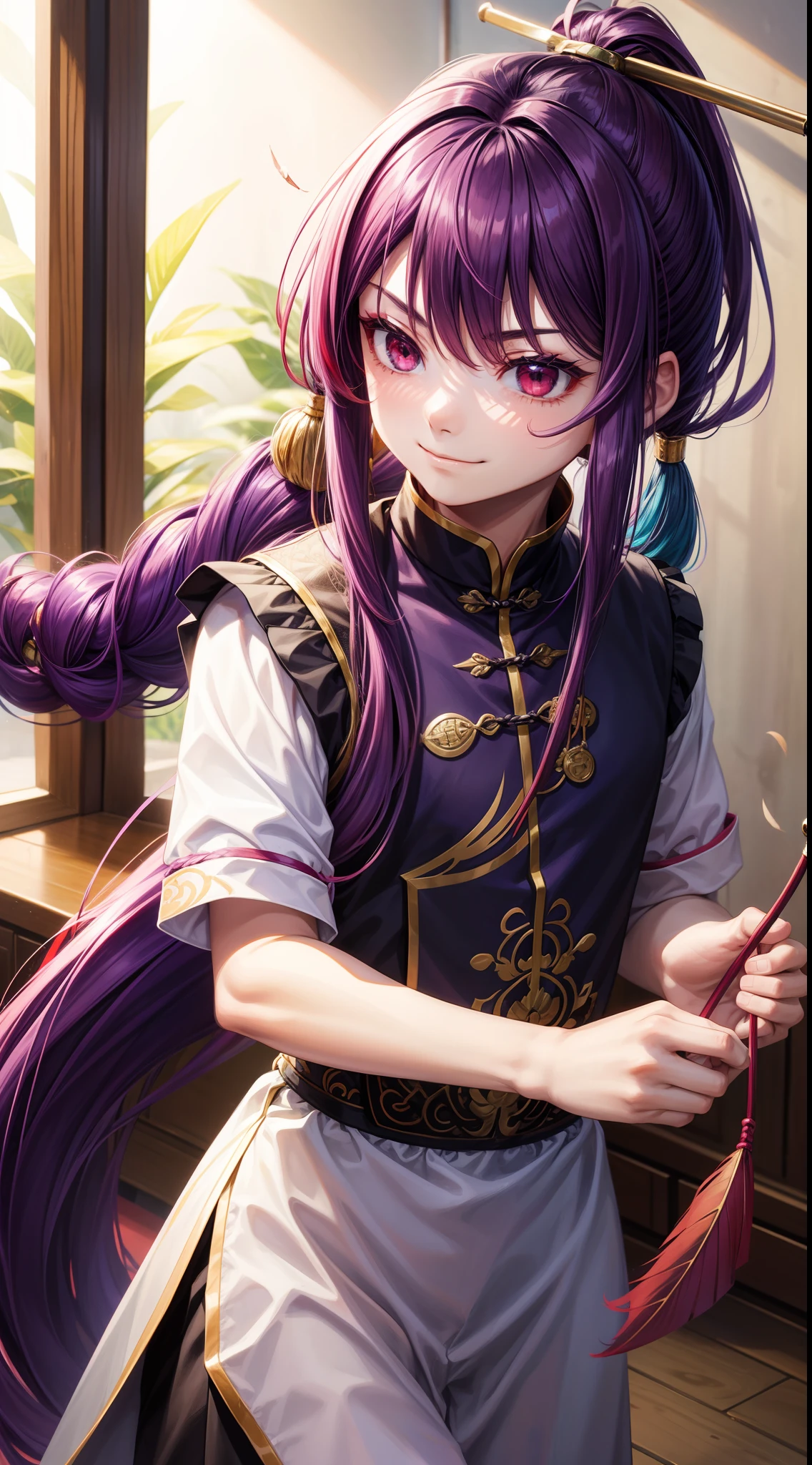 young boy, long purple hair, high ponytail, red-eyes, Chinese purple short-sleeved shirt, Via Hanifa, smirk, Feather Fan, Masterpiece, hiquality