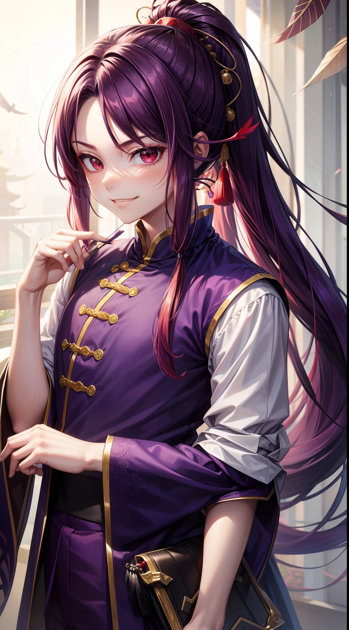 young boy, long purple hair, high ponytail, red-eyes, Chinese purple short-sleeved shirt, Via Hanifa, smirk, Feather Fan, Masterpiece, hiquality
