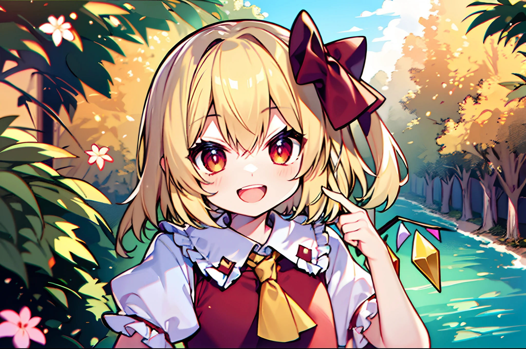 One Person、(Flandre Scarlet)、Petite、One girl、Mean smile、shortsleeves、Opening Mouth、a blond