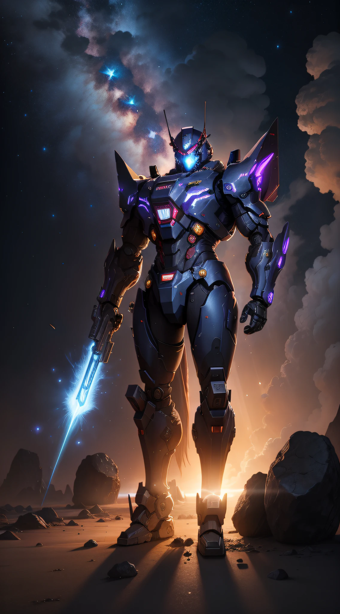 mechs，With a weapon in his hand，There are shining nebulae all around，Extremely distant perspective，Full body like，tmasterpiece，Original，8K，very high res