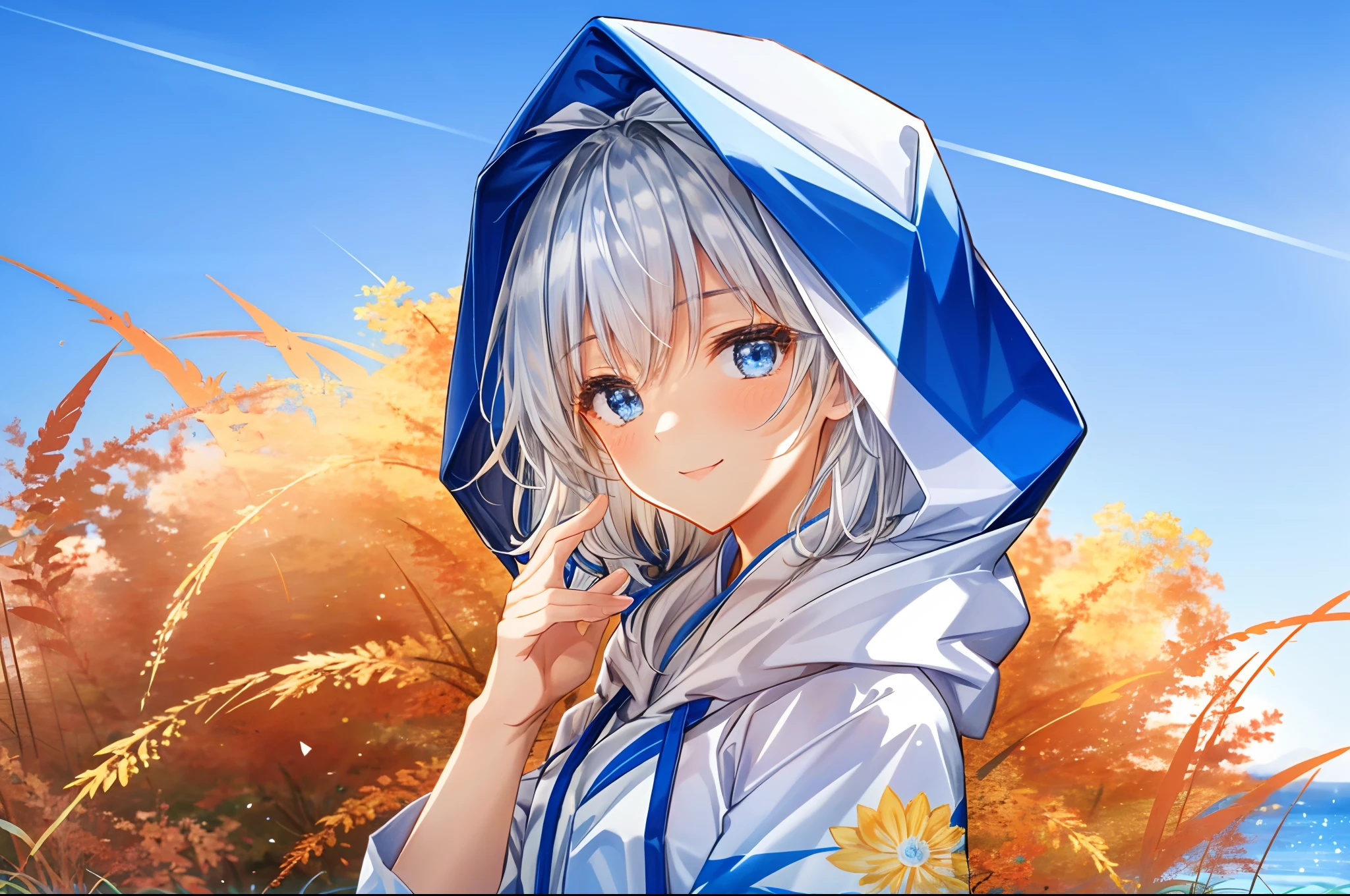 absurderes, hight resolution, (Official art, Beautiful and aesthetic:1.2), best qualtiy、(1womanl:1.8)、(独奏:1.7)、ultra-detailliert,Little Girl,(Blue and white hood:1.5),(Deep Blue Eyes:1.3),White skin,Straight hair,Short hair,kindly smile,Little Girl,Short hair,White skin,Light blue hair,crouching down、(Upper body:1.3)
