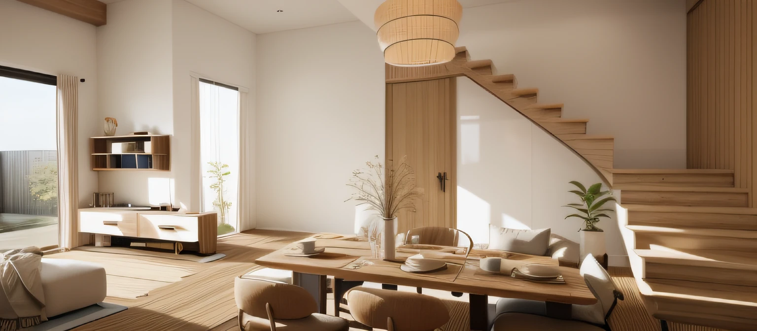 (JAPAN Livingroom:1.2), (actual photo:1.2), daylight, Unreal Engineer 8K, full HD 8K, cinema light, warm light, dining table and chairs, minimalistic and beautiful, deep colors with minimalism, cream color and white color scheme, clean, simple lines, modern neo-traditional minimalism, brown and white color scheme, modern neutral earth colors, elegant and sophisticated, Scandinavian design, Japanese design. Minimalist color palette, mostly white, wooden floors. 1 stairs with bay arm, 1 TV shelf.