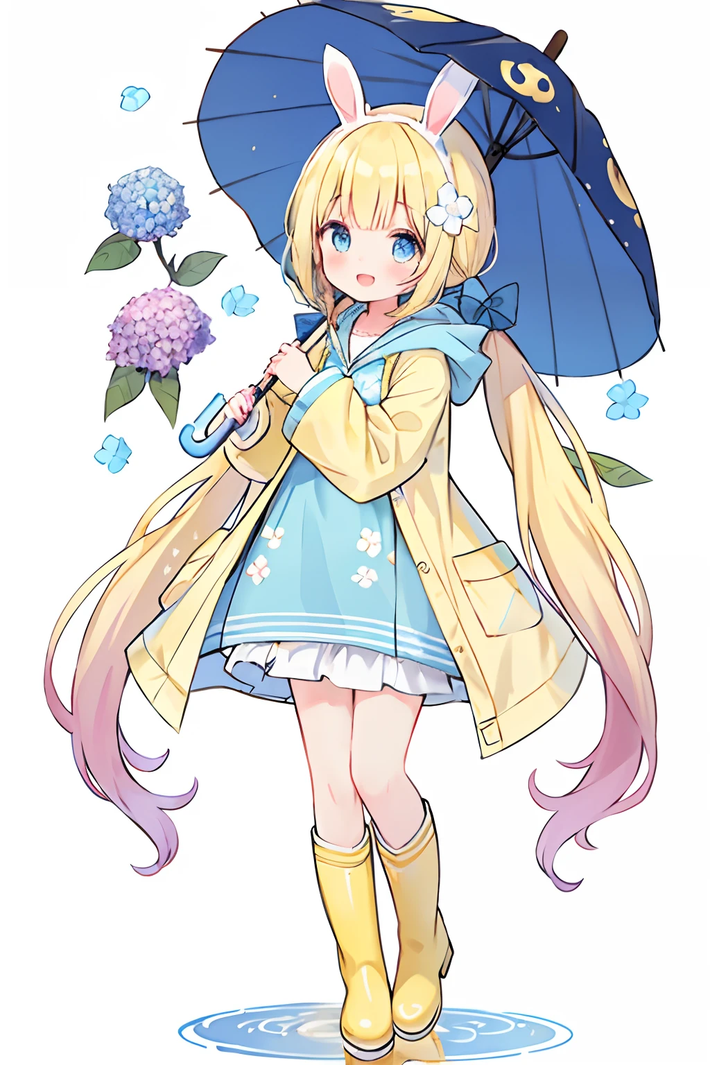 1girl,rainbow,raincoat,yellow raincoat,rubber boots,hydrangea,flower,long hair,twintails,boots,blush,umbrella,open mouth,hair ornament,white background,hood,solo,teruterubouzu,very long hair,hood up,long sleeves,low twintails,bow,bangs,smile,animal hood,blue eyes,rabbit,closed umbrella,puddle,full body,:d,snail,yellow footwear,simple background,pink flower,standing,leaf umbrella,holding umbrella,food-themed hair ornament,hair bow,animal ears,holding,blonde hair,hair flower,rain,animal,