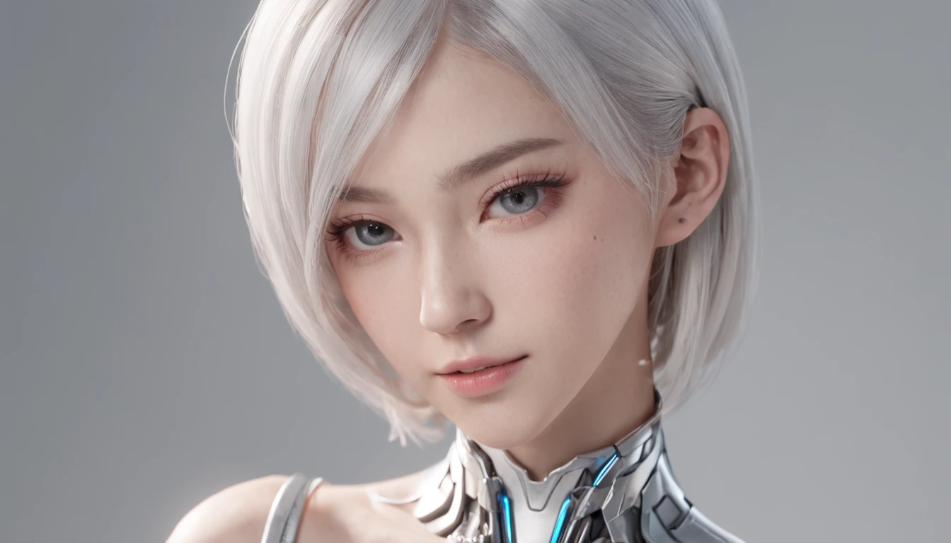 One in a pink dress,White color hair,Woman with straight hair and short hair, 3 D rendering character art 8 K, cyborg - girl with silver hair, beautiful female android!, beautiful female android, perfect android girl, beautiful android woman, smooth digital concept art, smooth 3d cg render,, sci - fi character, Beautiful robot character design,ssmile,largeeyes,The upper part of the body,cute delicate face, Extremely beautiful face, beautiful delicate face, Stunning anime face portrait, beautiful aesthetic face, Detailed beautiful face, girl cute-fine face, Realistic beautiful face, Beautiful realistic face, beautiful and realistic faces, girl with white eyes,Right shoulders,Blue has God's eyes,Ultra-delicate smooth skin,Asian face shape,Girl futuristic white and pink shiny metallic silver white long dress,sense of science and technology