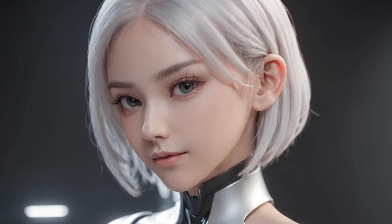 One in a pink dress,White color hair,Woman with straight hair and short hair, 3 D rendering character art 8 K, cyborg - girl with silver hair, beautiful female android!, beautiful female android, perfect android girl, beautiful android woman, smooth digital concept art, smooth 3d cg render,, sci - fi character, Beautiful robot character design,ssmile,largeeyes,The upper part of the body,cute delicate face, Extremely beautiful face, beautiful delicate face, Stunning anime face portrait, beautiful aesthetic face, Detailed beautiful face, girl cute-fine face, Realistic beautiful face, Beautiful realistic face, beautiful and realistic faces, girl with white eyes,Right shoulders,Blue has God's eyes,Ultra-delicate smooth skin,Asian face shape,Girl futuristic white and pink shiny metallic silver white long dress,sense of science and technology