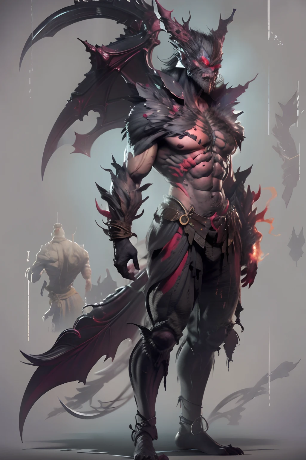 Game character standing drawing design,Hell creatures,short,Strong limbs,Muscle explosions,Covered with scales and barbs,cunning,shadowy,uncanny,terroral,scythe,Fighting posture,(full bodyesbian:1.4),with black background,clean backdrop,depth of fields,high light,Real light,Ray traching,OC renderer,UE5 renderer,Hyper-realistic,best qualtiy,8K,Works of masters,super-fine,Detailed pubic hair,Correct anatomy,