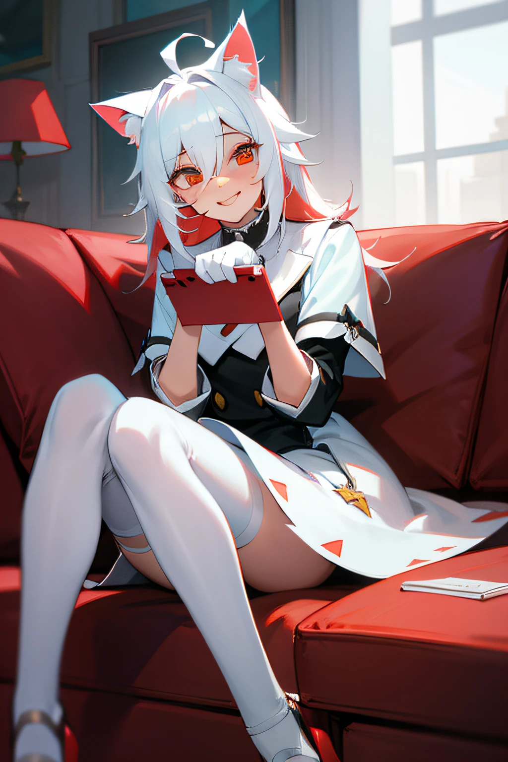 cat ear，white stockings，White hair，red pupils，sitting in the couch，Playing games，laughingly，adolable