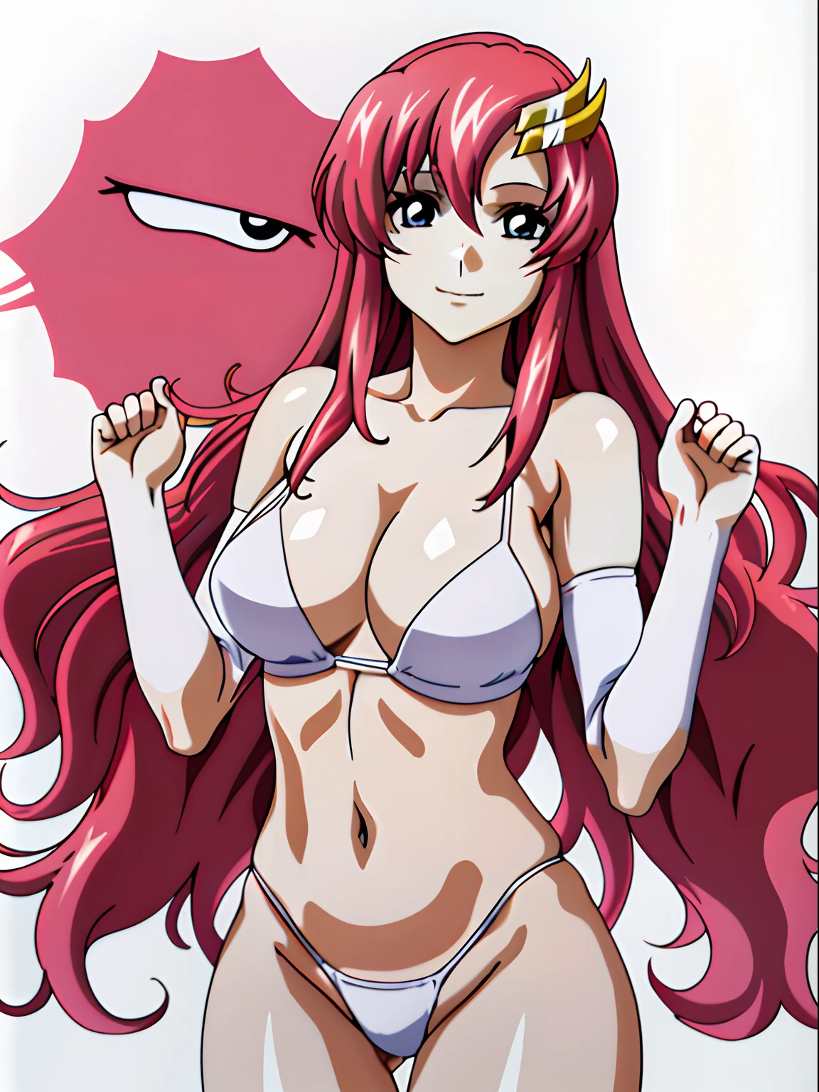 (masutepiece, 4K, Best Quality, Anime style: 1.9, (Solo), High color saturation, ultra  Detailed face, tall, Adult Woman, lovely, (White background), high resolution, Anime, lacus4. (White micro bikini top, micro thong), 1girl in, Solo, Long hair, 鎖骨, scapular, Wavy Hair, Detailed wide hair bangs, Hair Ornament, ultra Detailed reddish-pink hair, cleavage, closed fists, large hands, white fingerless gloves, Big blue eyes, Off-shoulder, (white elbow pad), (small breasts), Smile, closed mouth, slender, shy, happy, stomach, navel, (closed fists), white skin