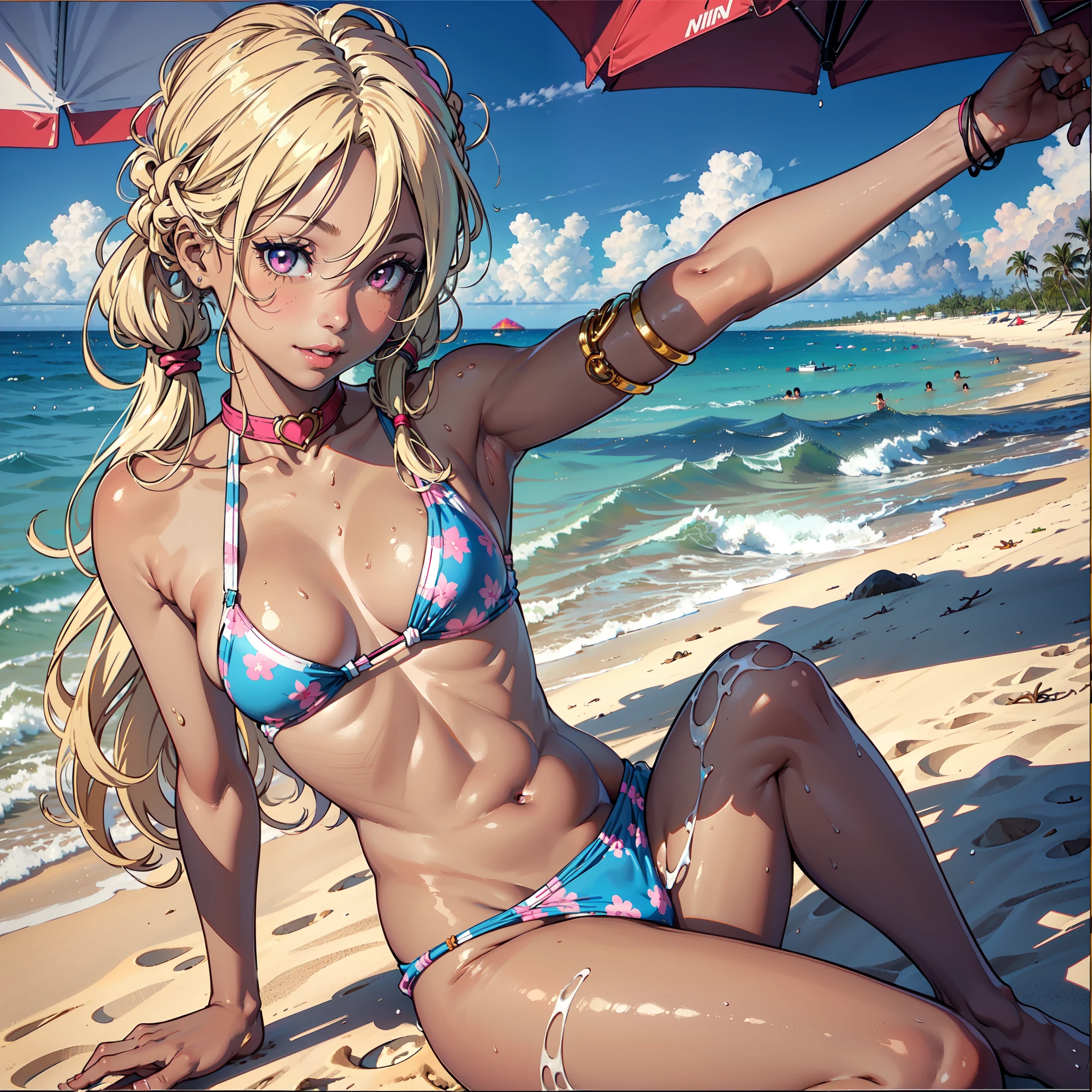 ((1 girl)), (masterpiece), (mocha skin), full body, sitting in sand, holding beach ball,dynamic posing++, bathing suit, tropical, nsfw+++, pigtails++,sexy, 1 girl+, pink eyes++, juicy lips++, full lips++, hearts++, ,long blonde hair with blue highlights with dark skin+++, honey eyes++, galaxy eyes++, beach background++, big boobs+++, thick thighs++, small waist+++, happy++, smiling++,