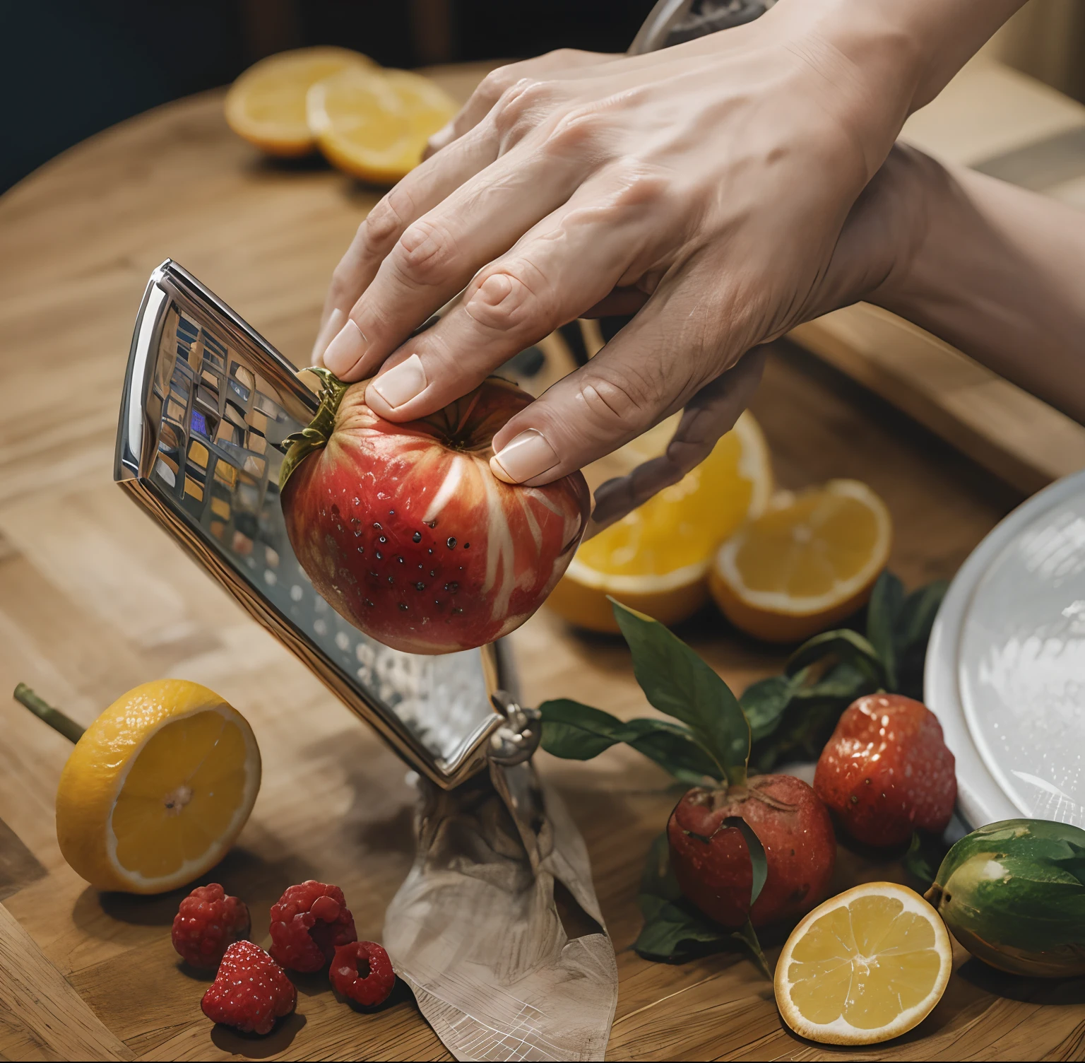 (tmasterpiece),(best qualtiy),real photograph,exteriors,On a table,peel,the fruits,The items in the picture remain unchanged,Remain unchanged,Close-up rule of thirds,still-life,reallife,realisticlying,Close-up,Overlooking