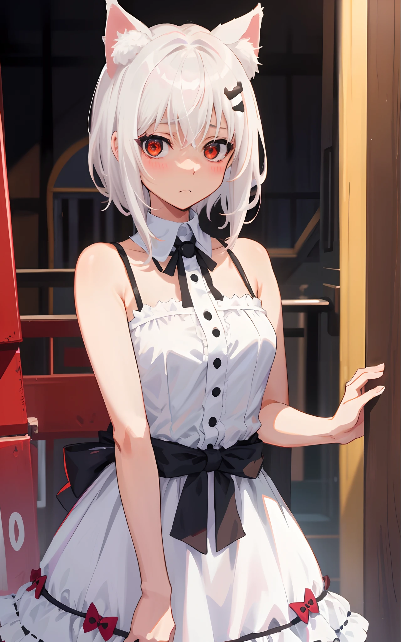 Best quality, (masterpiece:1.2), highly detailed, standing, beach, cat ears, 1girl, solo, tojo koneko, looking at the viewer, closed mouth, (upper body:1.2), medium breasts, red eyes, white hair, short hair, hair decoration, elegant dress, erotica, blushed, simple background, blood, 20 years old