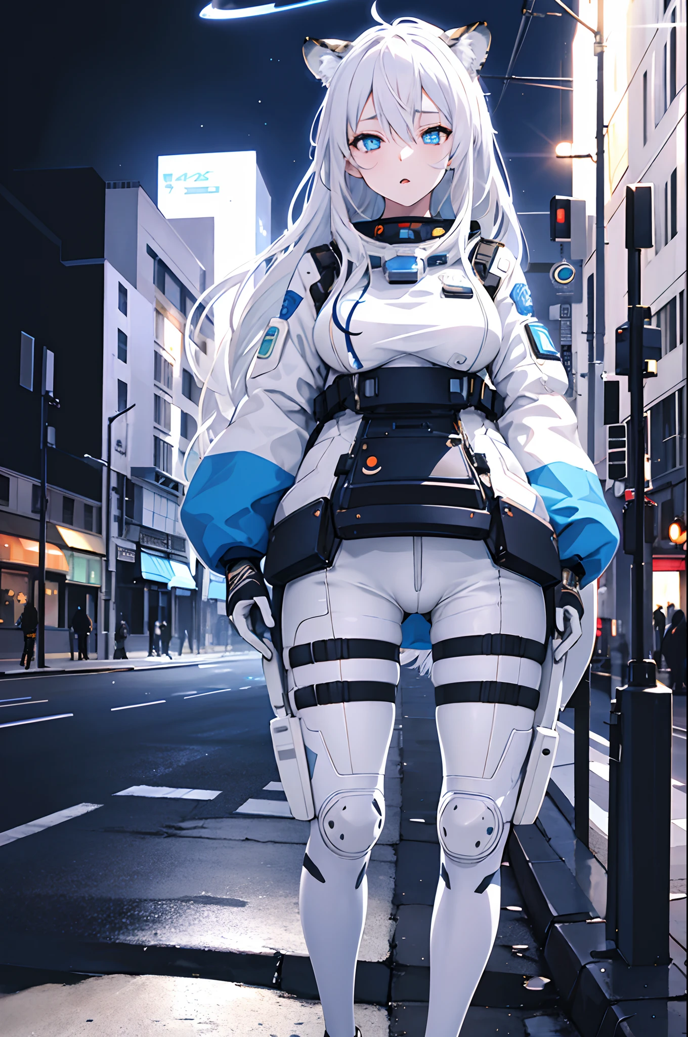 NSFW, 1girl, official anime art illustration, tiger ears, extreme close up, white hair, skin exposure, boob, (glowing blue eyes), space suit, (girl standing on the street), perfectly photorealistic, incredibly detailed, 8k, UHD, masterpiece, best quality, ultra detailed, intricate,