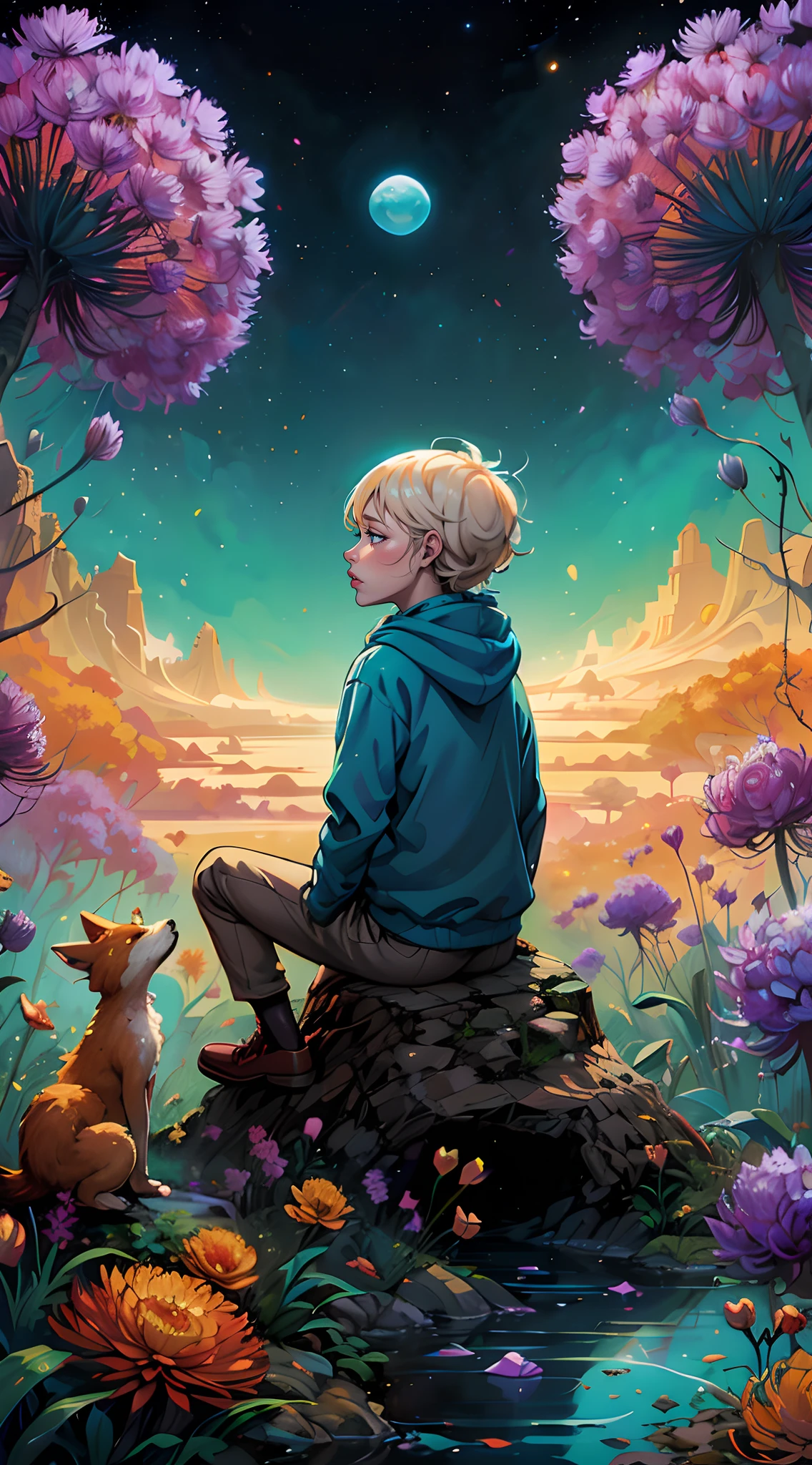 a close up of a person sitting on a rock with a fluffy fox, beeple and jeremiah ketner, inspired by Cyril Rolando, cyril rolando and goro fujita, in style of cyril rolando, cyril rolando and m. w kaluta, cyril rolando and m.w kaluta, by Cyril Rolando, childrens art in artstation
