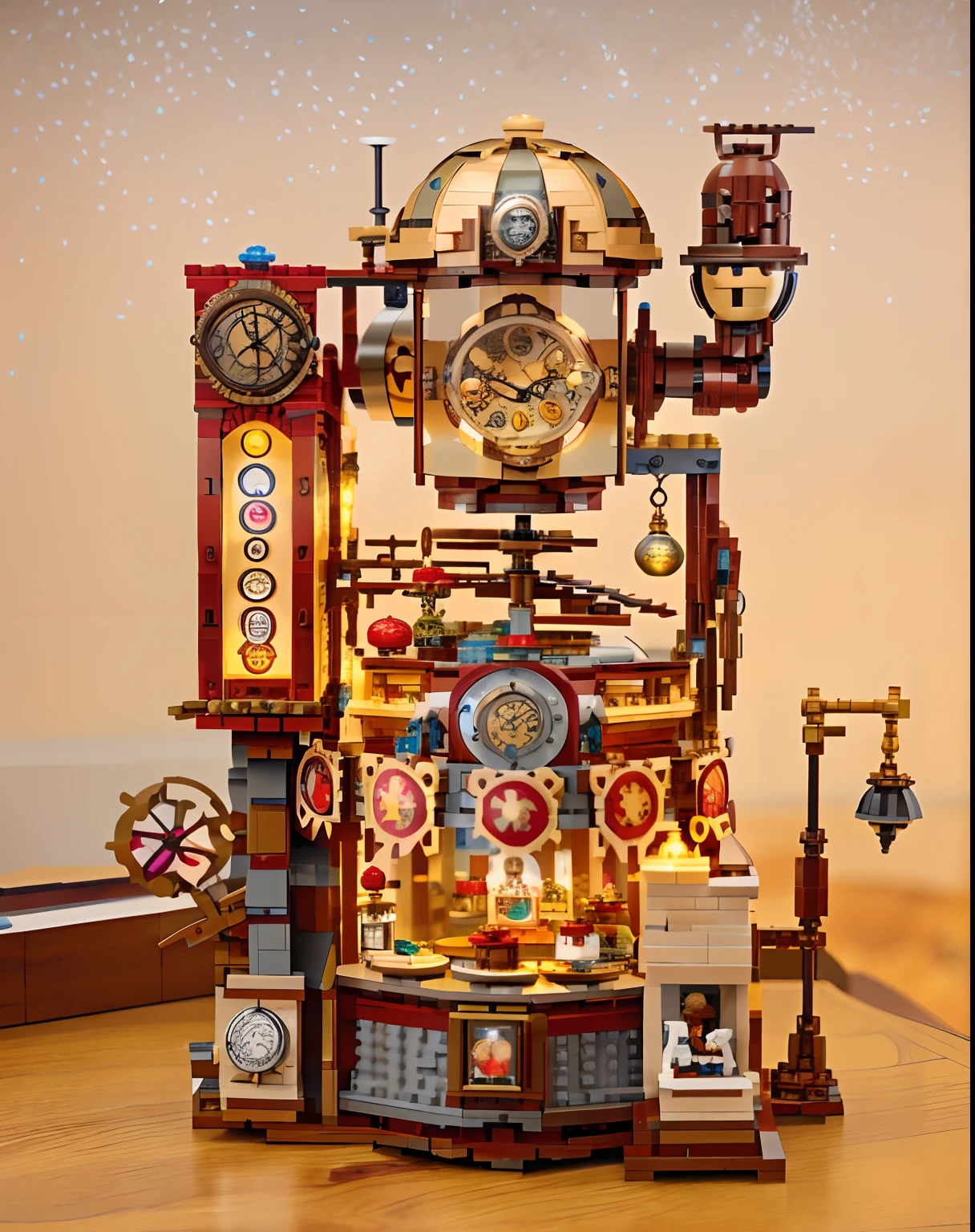 Lego brick scene，There are clocks and clocks on the table, clockwork automaton, Inside an old magical dessert shop, magic and steam - punk inspired, giant imposing steampunk tower, orrery, intricate highly detailed 8 k, LED horizon zero twilight, steampunk automata, wooden art toys, fantasy alchemist laboratory, nostalgic vibes, gumball machine, Steampunk shop